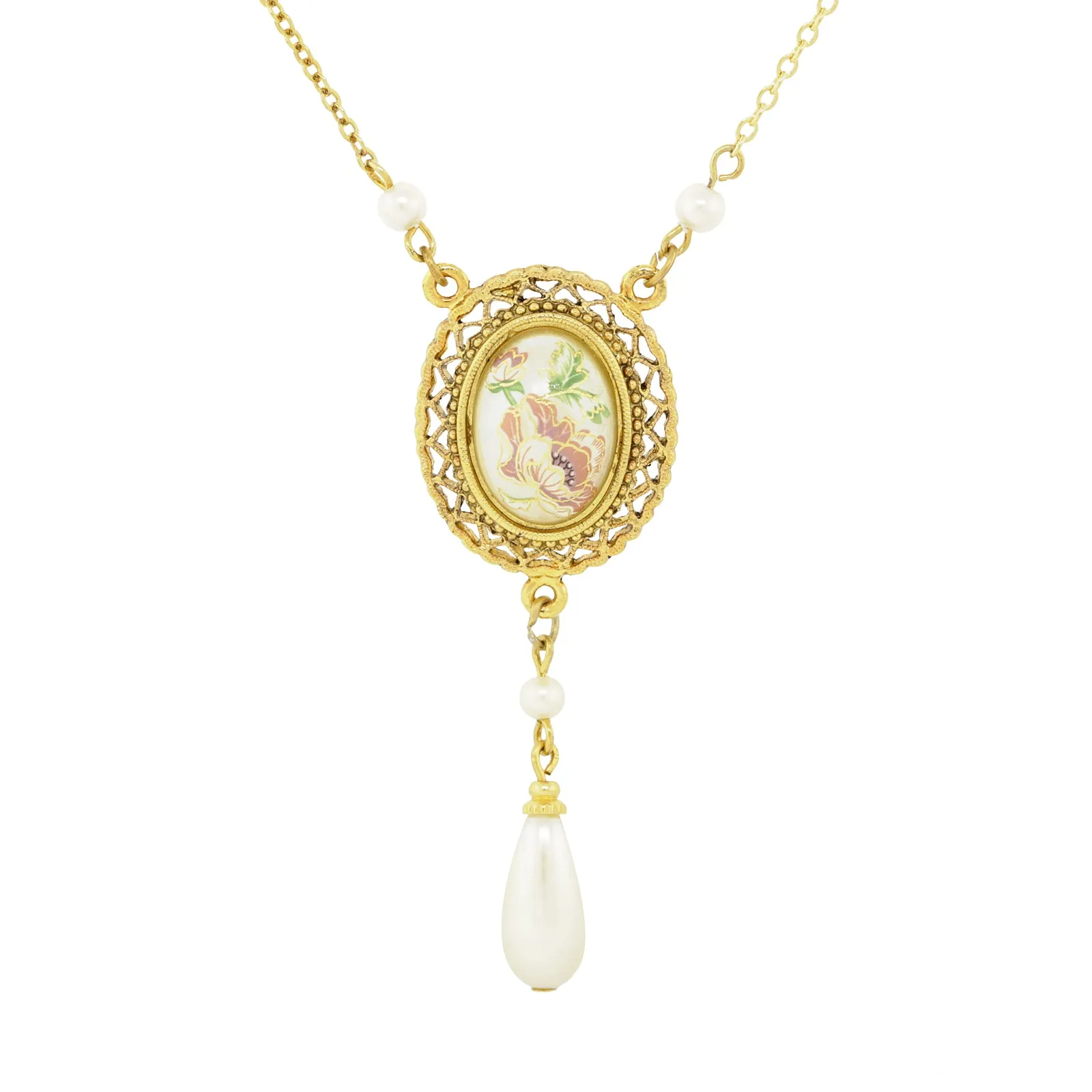 1928 Jewelry Oval Flower Decal Faux Pearl Teardrop Pendant Necklace 16 + 3 Extender - Shop now for the stunning Oval Flower Deca