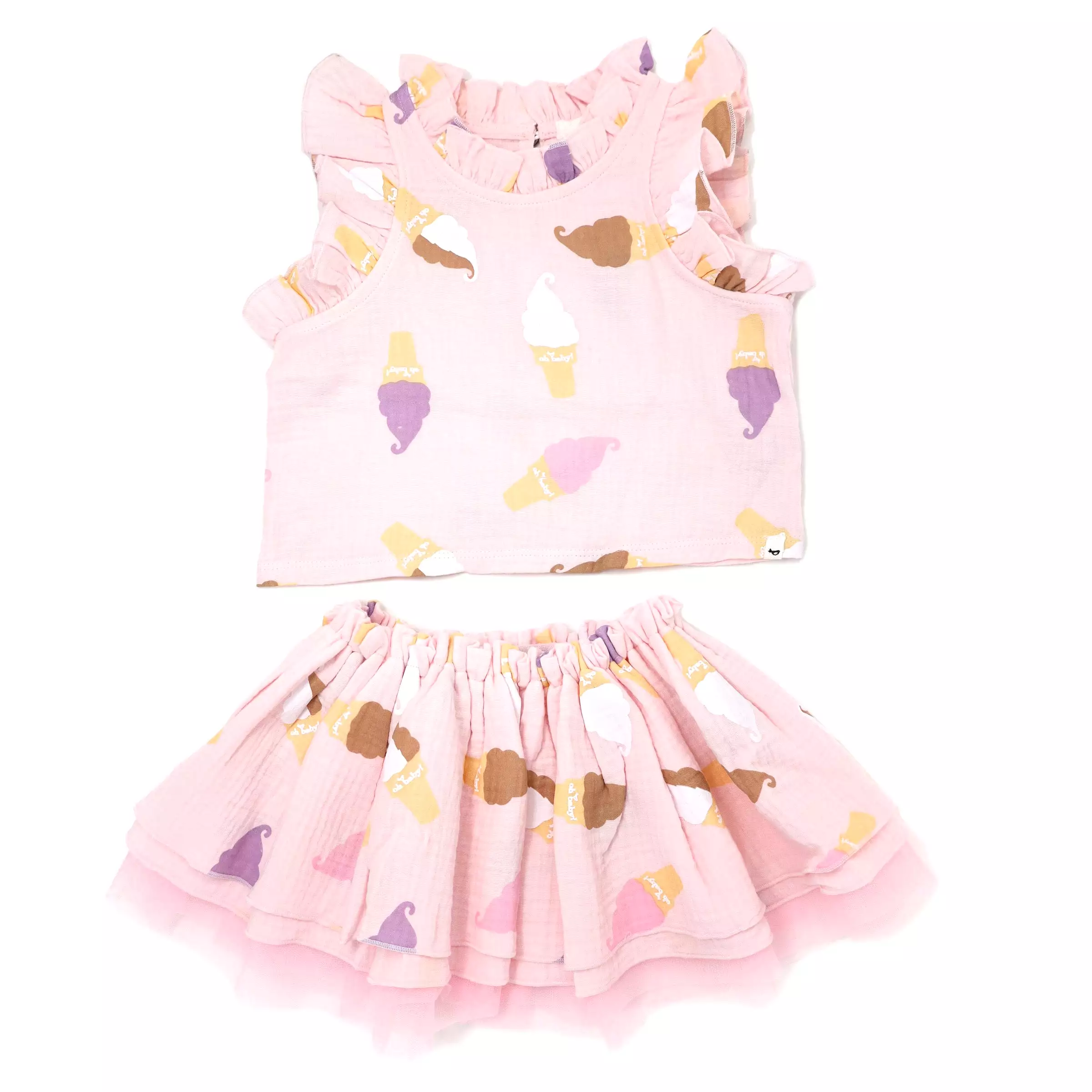 Baby Girl Gauze Lola Top and Tutu Skirt Set - Soft Serve Ice Cream Print - Pale Pink