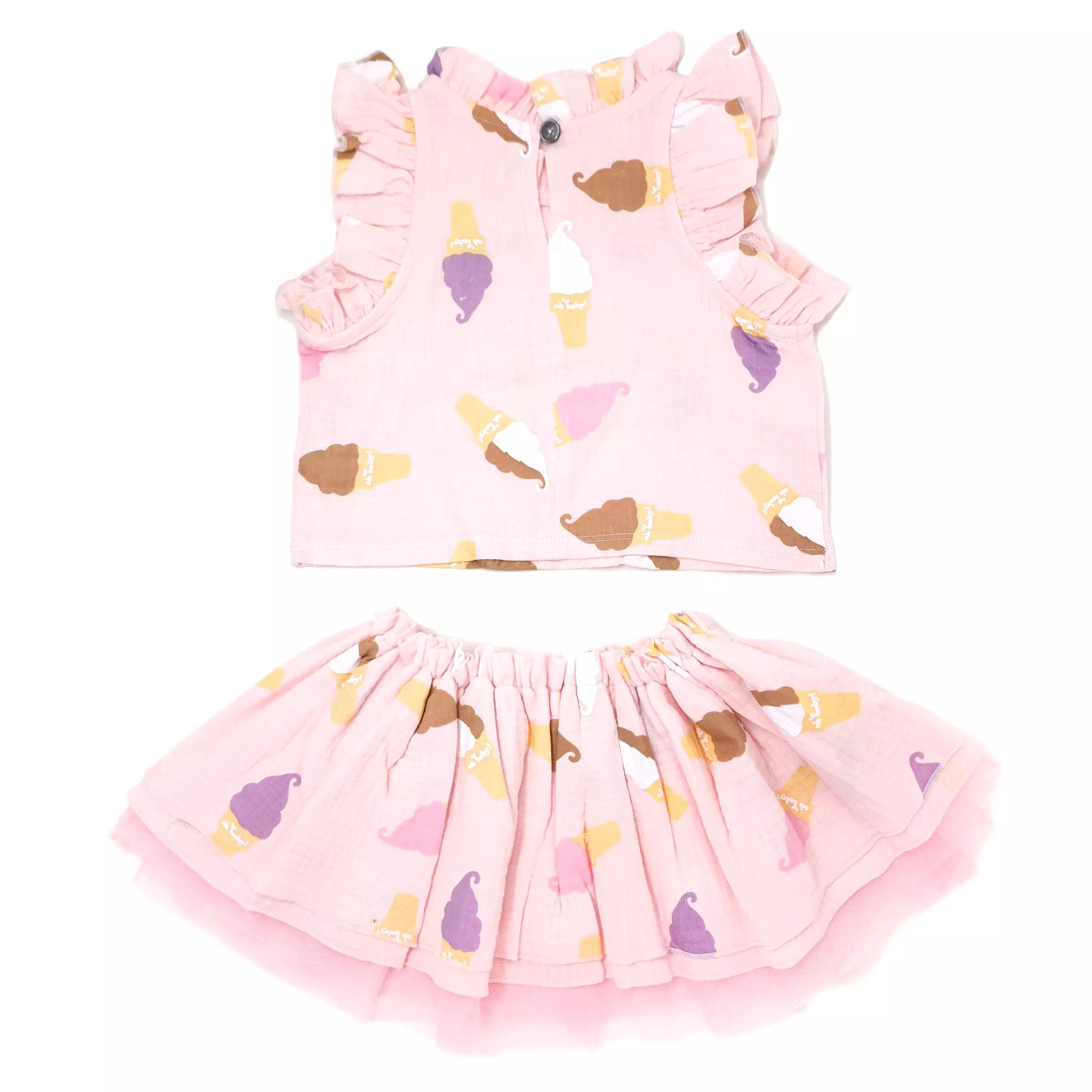 Baby Girl Gauze Lola Top and Tutu Skirt Set - Soft Serve Ice Cream Print - Pale Pink