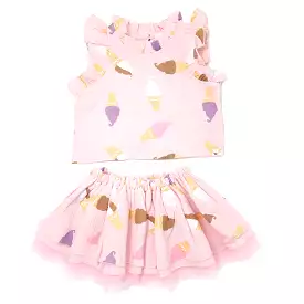 Baby Girl Gauze Lola Top and Tutu Skirt Set - Soft Serve Ice Cream Print - Pale Pink