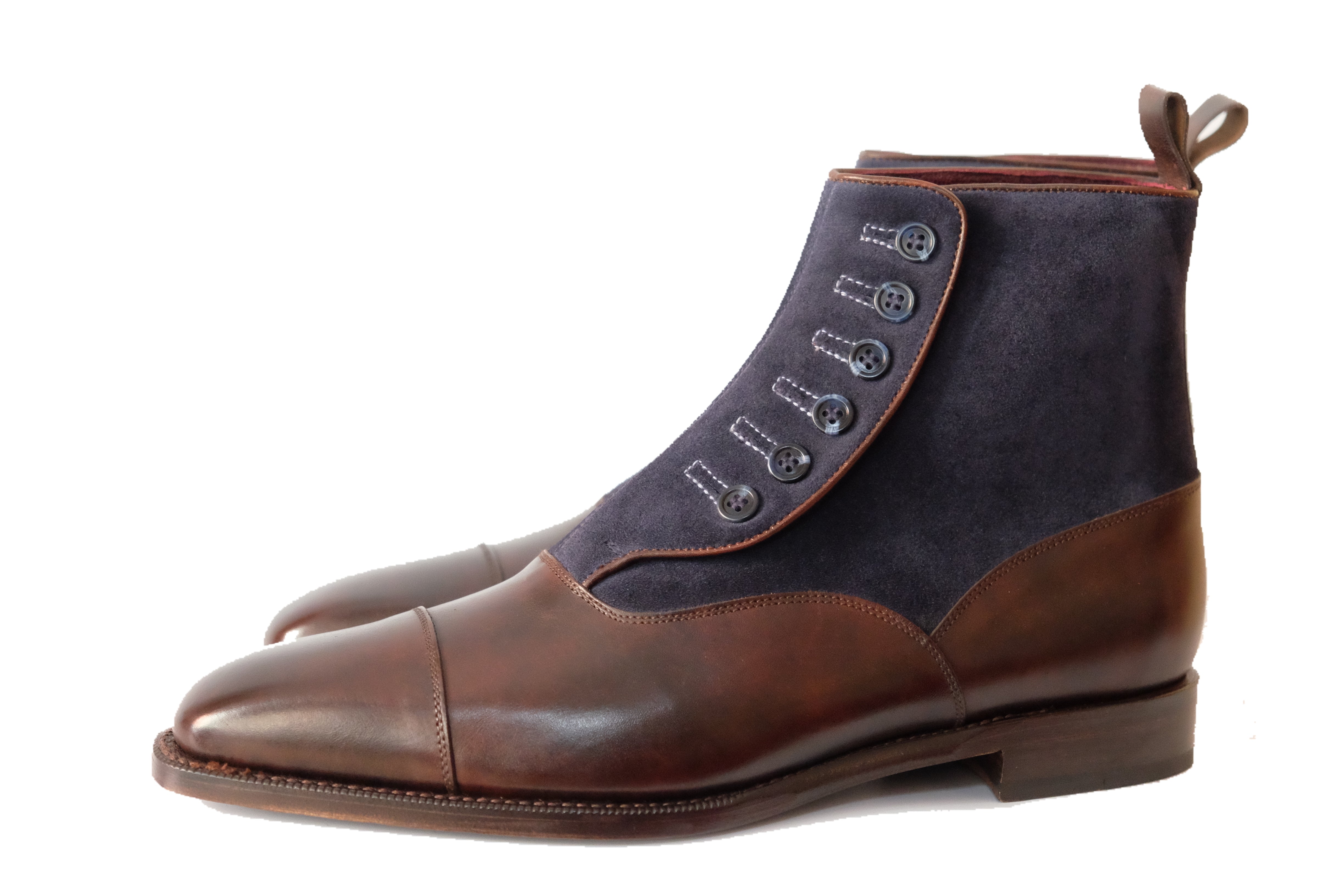 Bellevue MTO Dark Brown Museum Calf Navy Suede Sky Blue Stitching Blue Buttons MGF Last Single Leather Sole