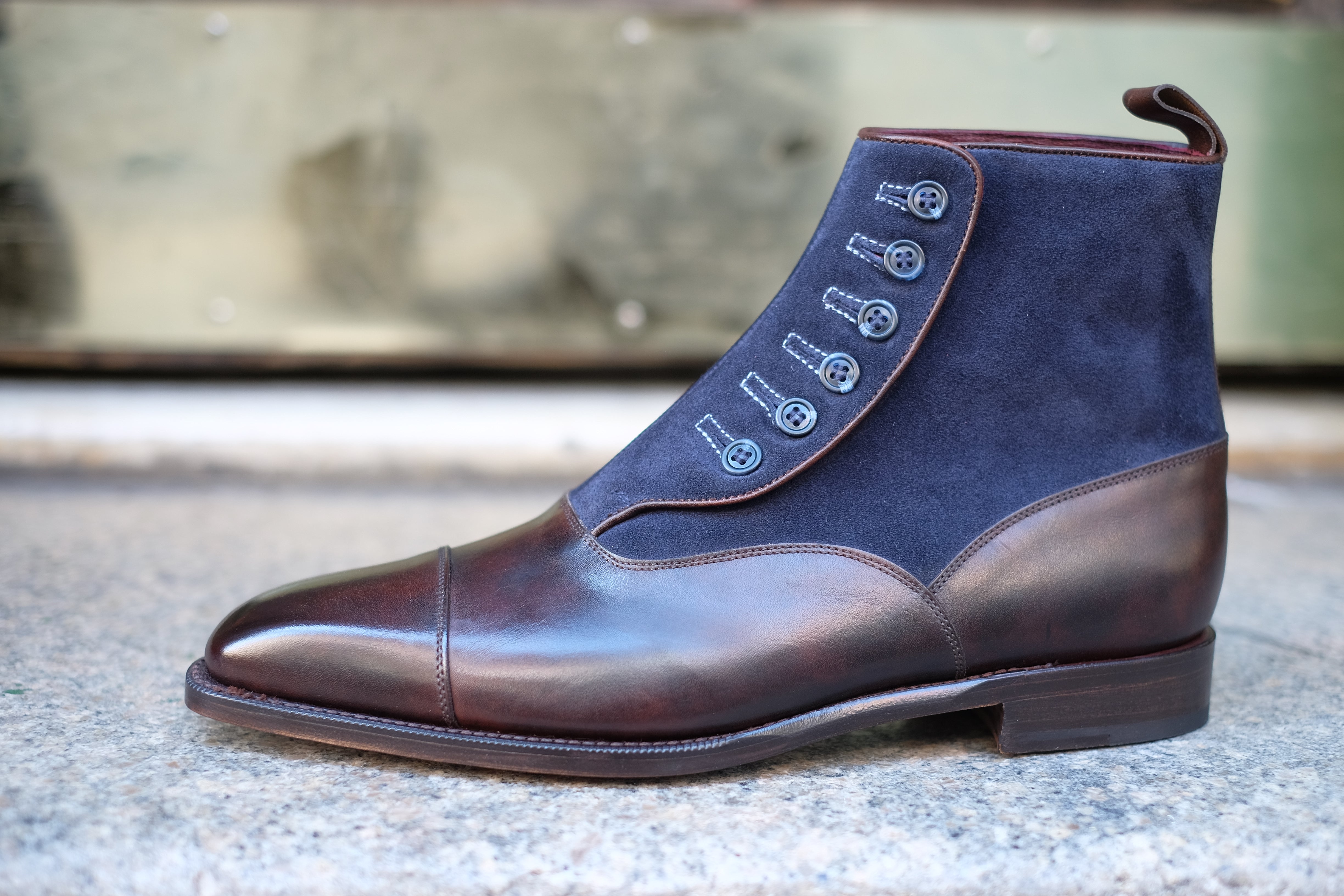 Bellevue MTO Dark Brown Museum Calf Navy Suede Sky Blue Stitching Blue Buttons MGF Last Single Leather Sole