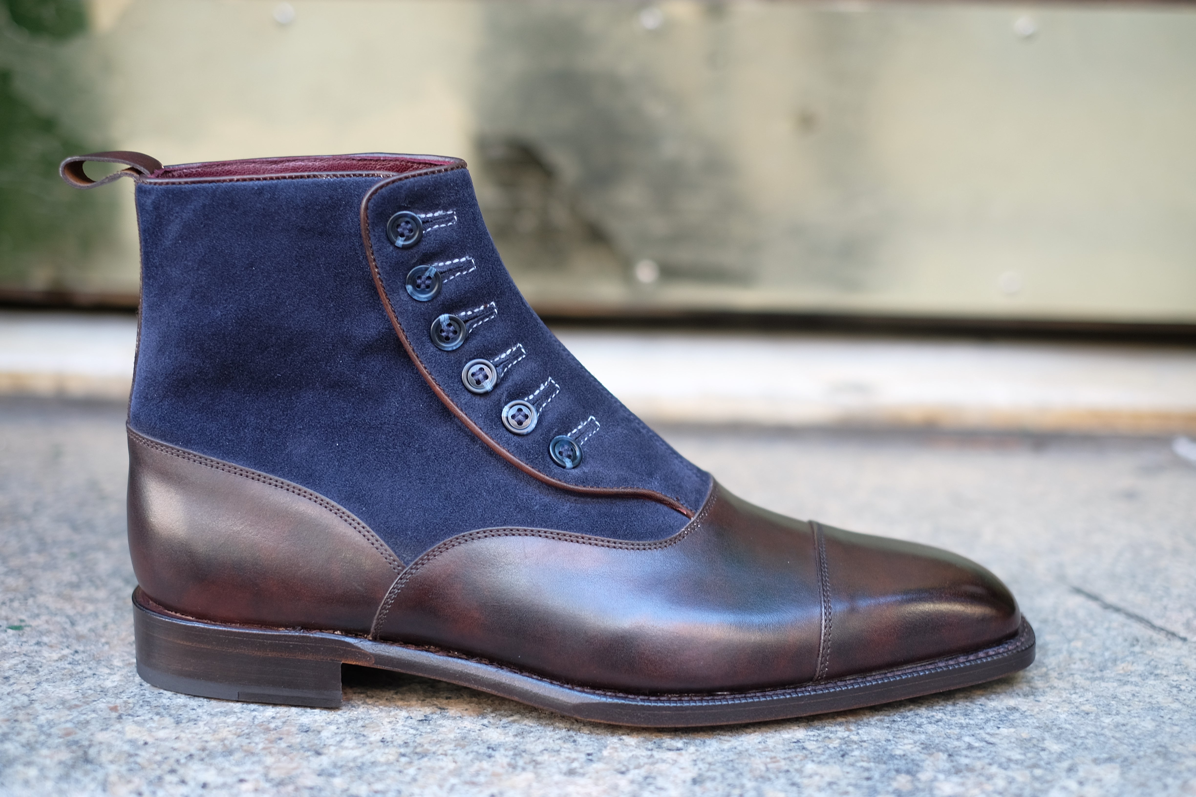 Bellevue MTO Dark Brown Museum Calf Navy Suede Sky Blue Stitching Blue Buttons MGF Last Single Leather Sole