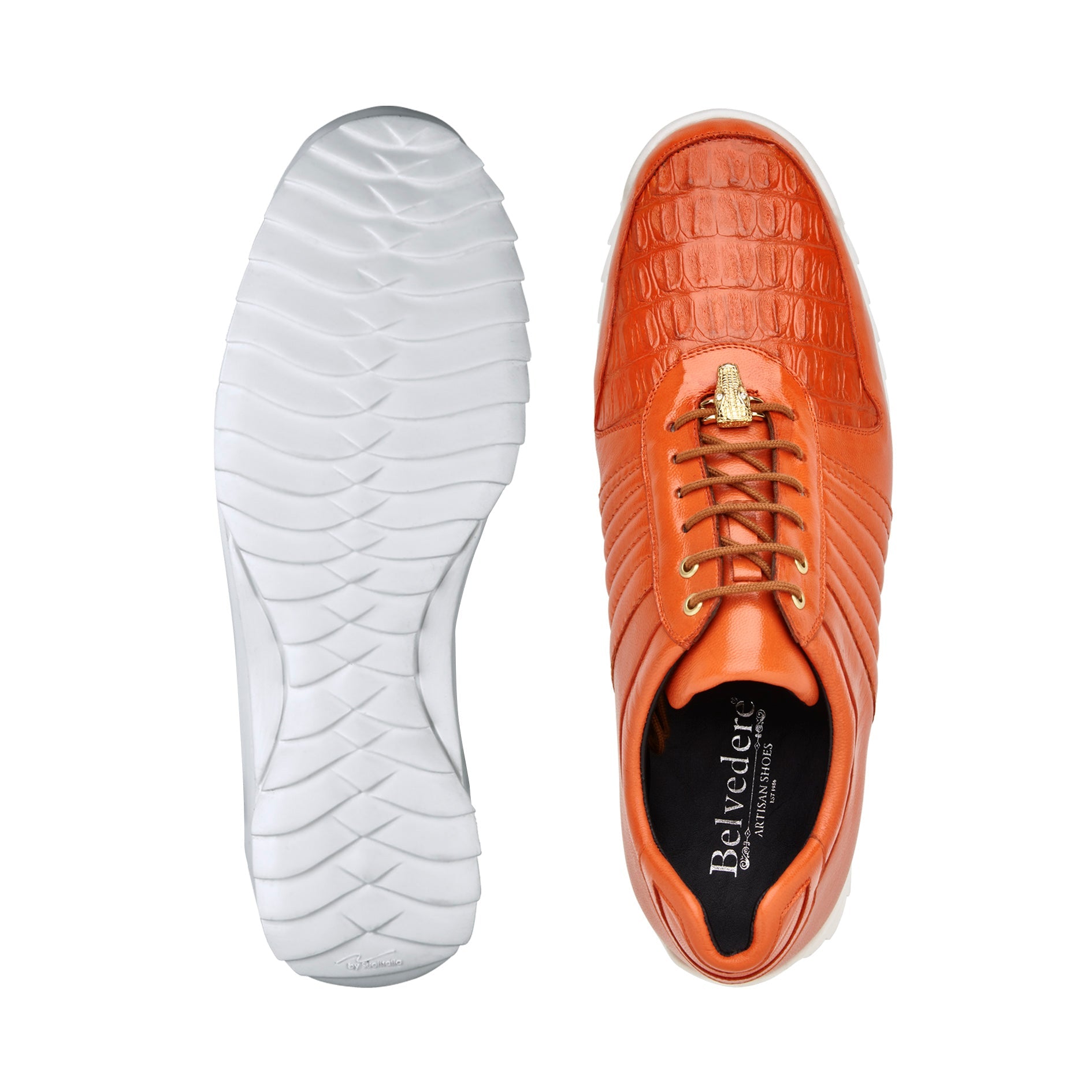 Belvedere Genuine Hornback Caiman Crocodile and Soft Calf Sneaker Orange 33599