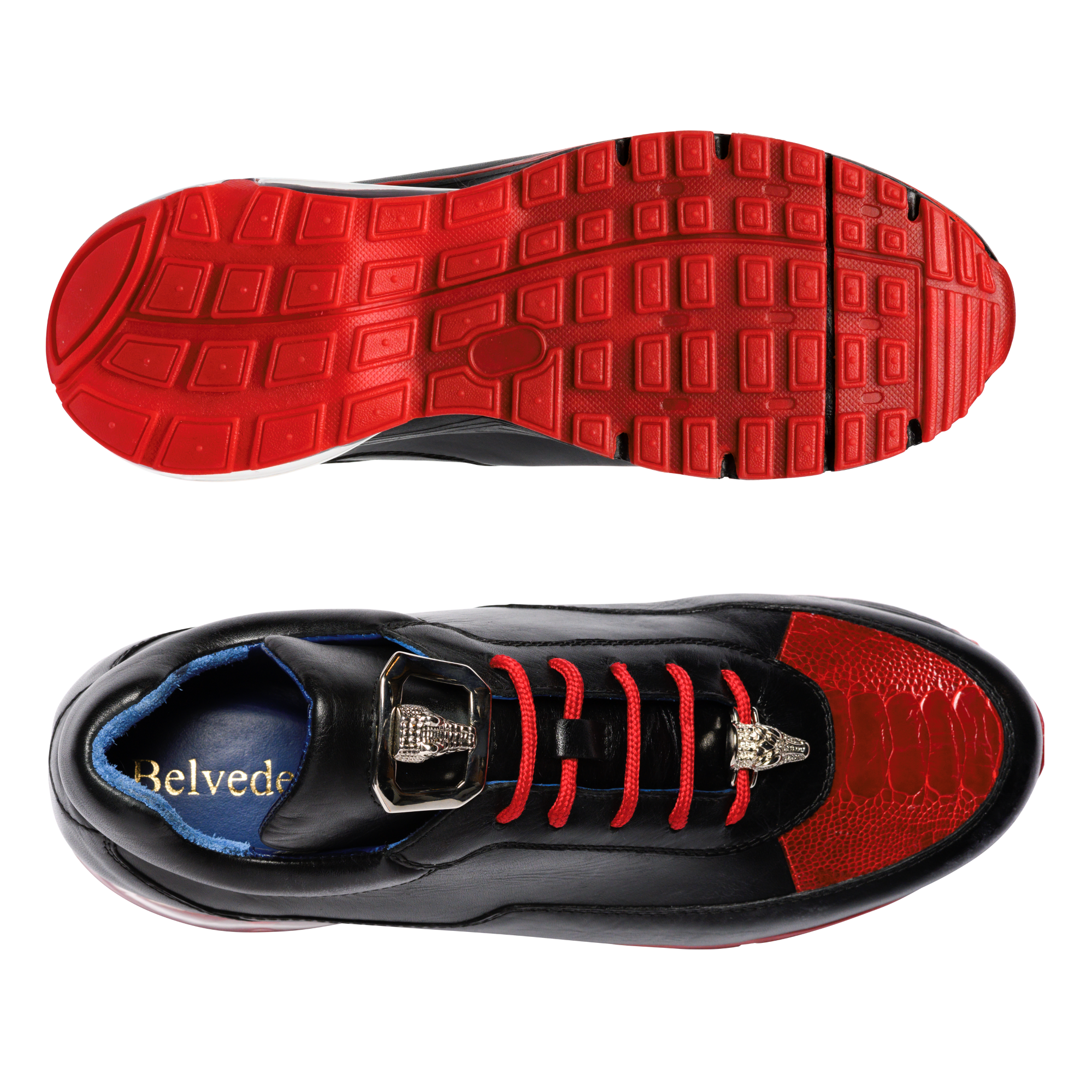 Belvedere Sneaker - Black/Red Colors - Genuine Ostrich and Soft Italian Calf Leather - E01