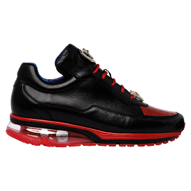 Belvedere Sneaker - Black/Red Colors - Genuine Ostrich and Soft Italian Calf Leather - E01