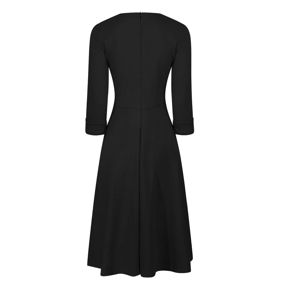 Black Deep V Neck Retro 50s Swing Dress