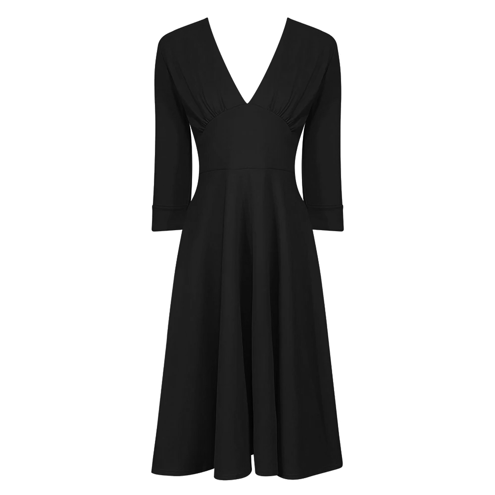 Black Deep V Neck Retro 50s Swing Dress