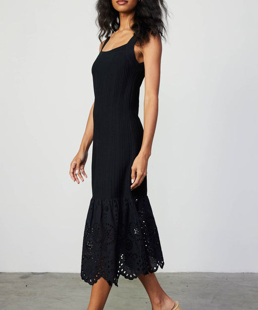 Black Knit Dress with Eyelet Detail - Sleeveless