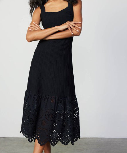 Black Knit Dress with Eyelet Detail - Sleeveless