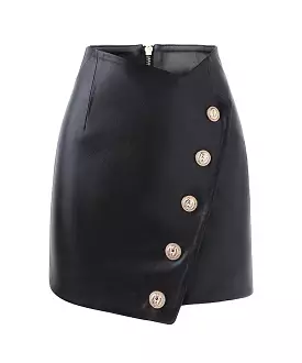 Black PU Leather Gold Button Mini Skirt