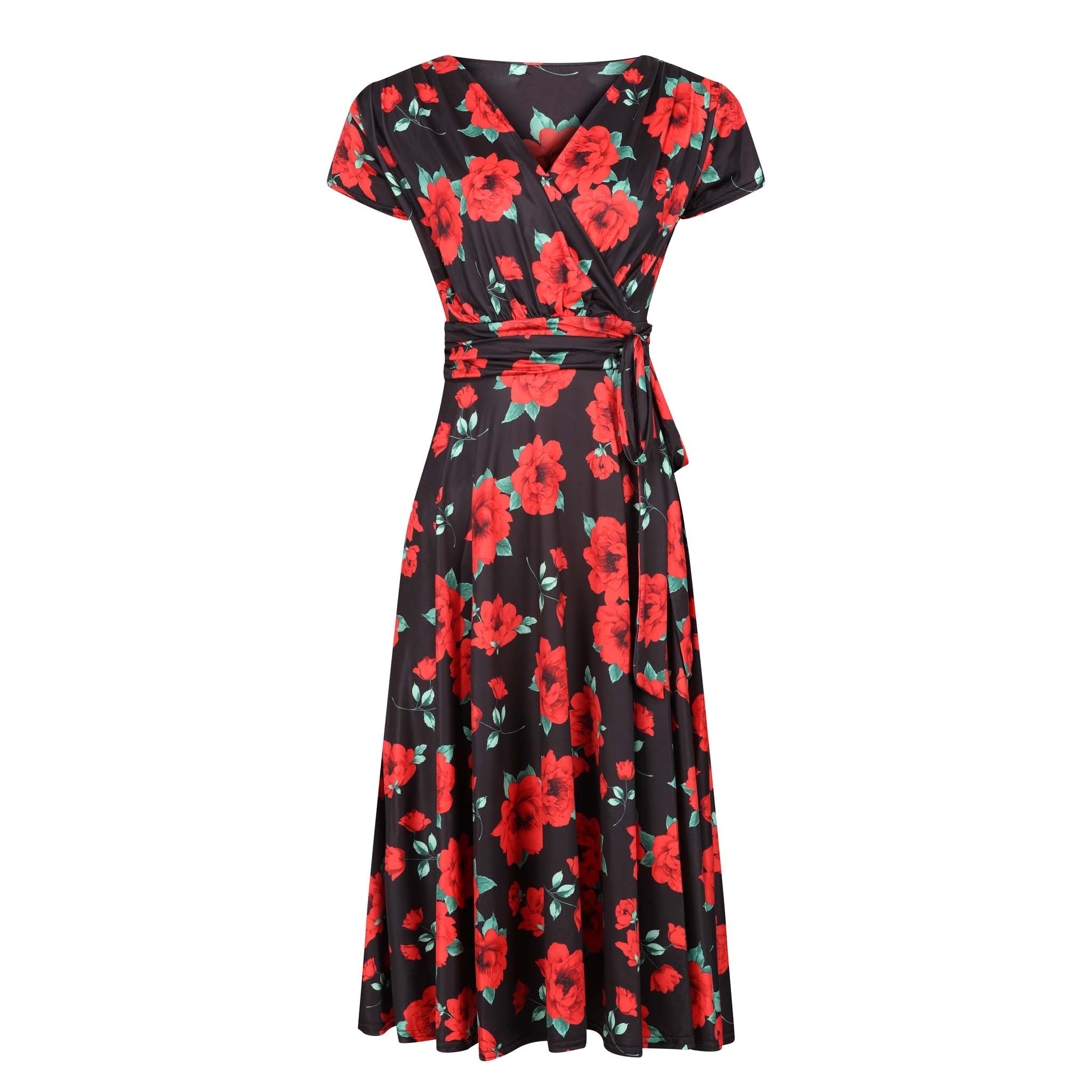 Black red rose print cap sleeve fit flare midi dress.