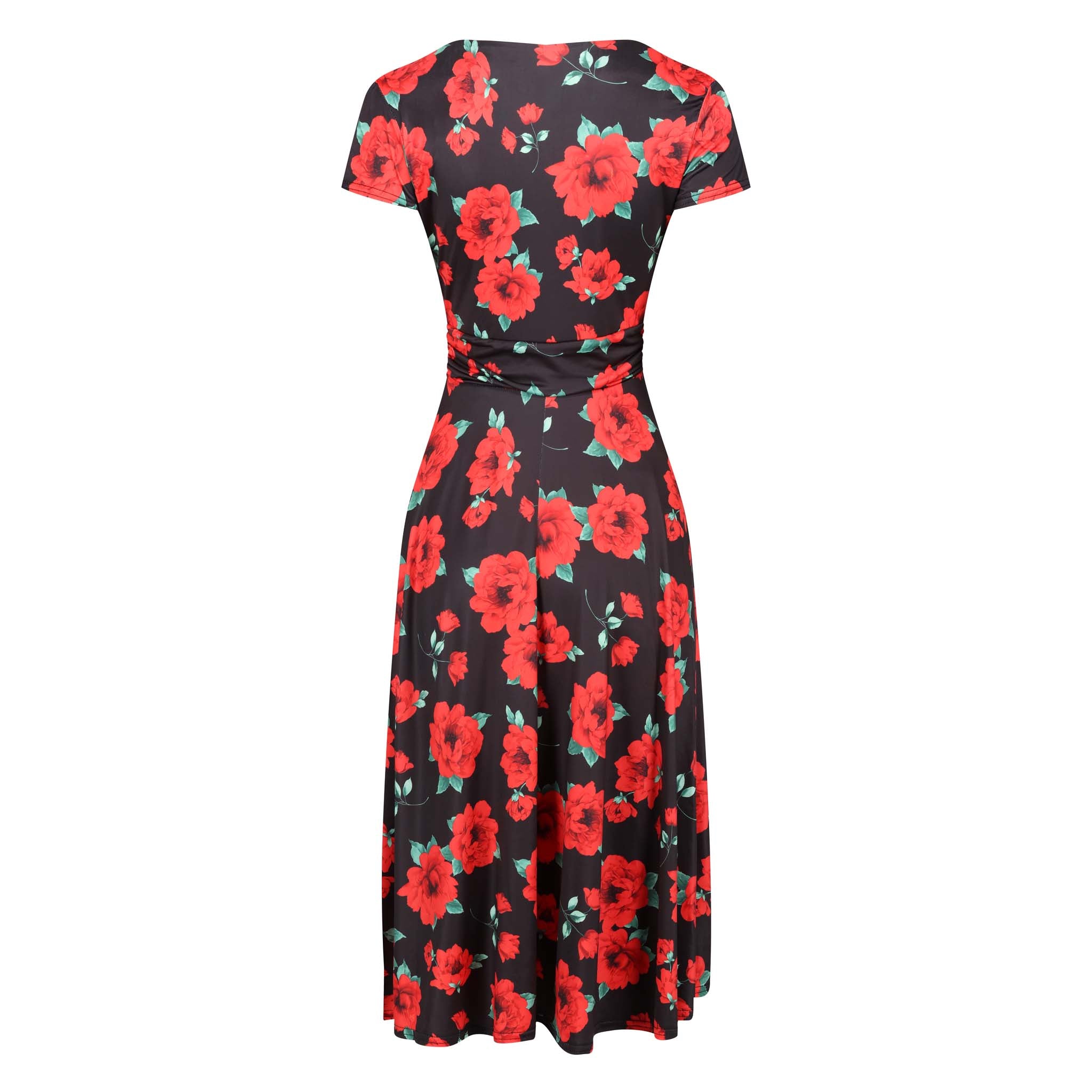 Black red rose print cap sleeve fit flare midi dress.