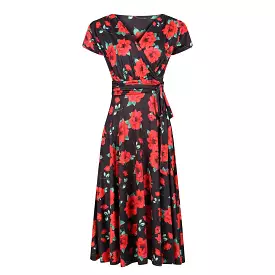 Black red rose print cap sleeve fit flare midi dress.