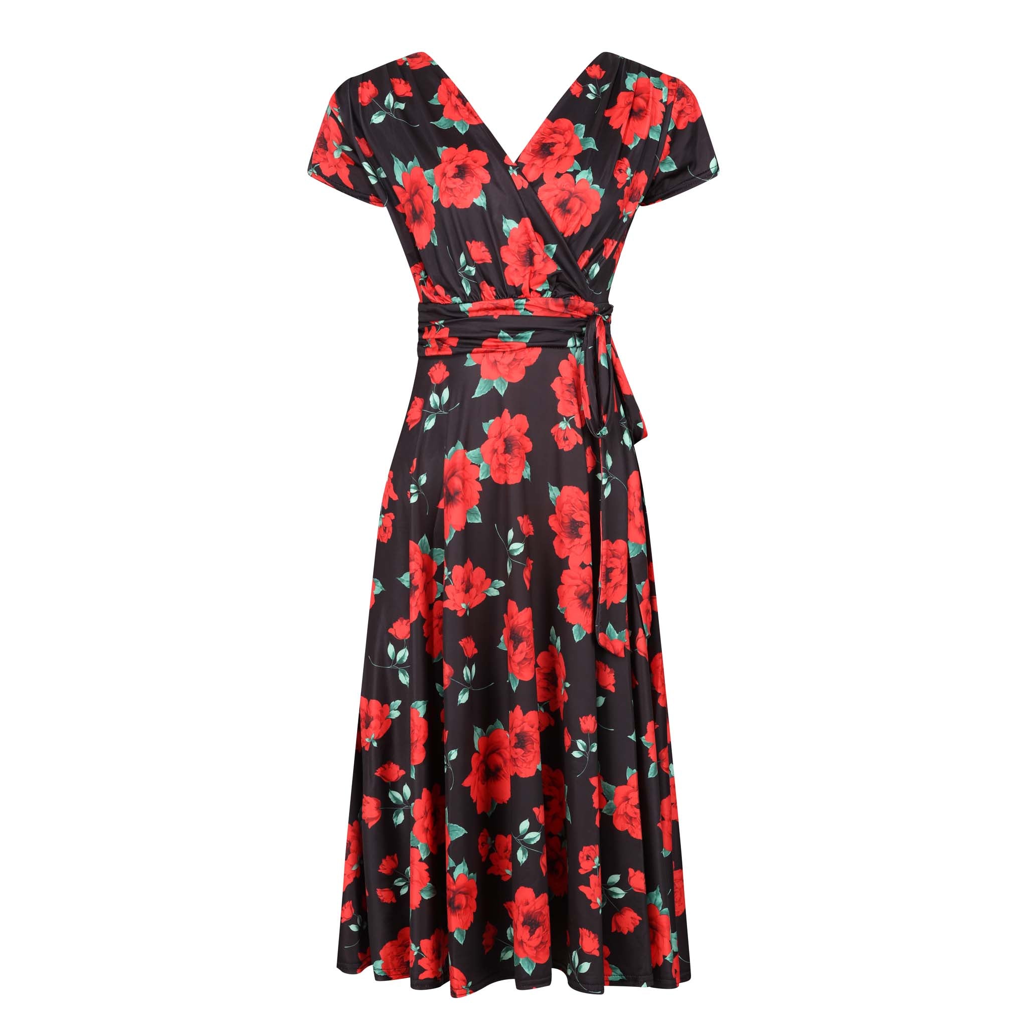 Black red rose print cap sleeve fit flare midi dress.