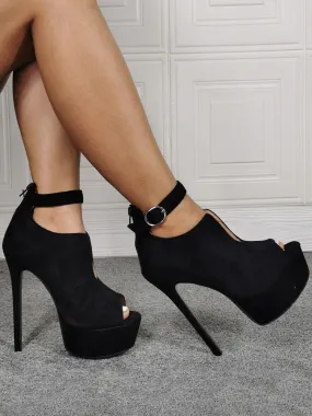 Black Suede Summer Boots - Peep Toe platform Stiletto Heel ankle Strap Boots