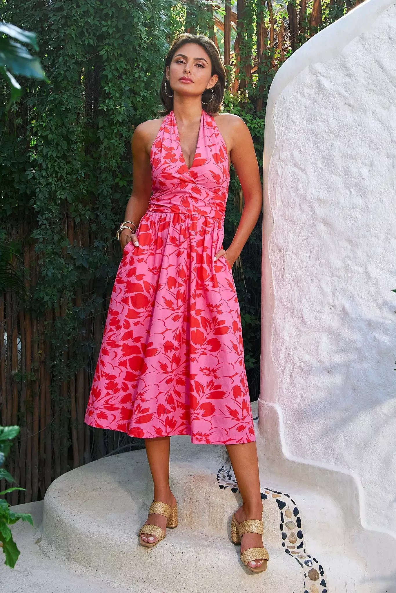 Cabana Pink Floral Halter Fit Flare Dress