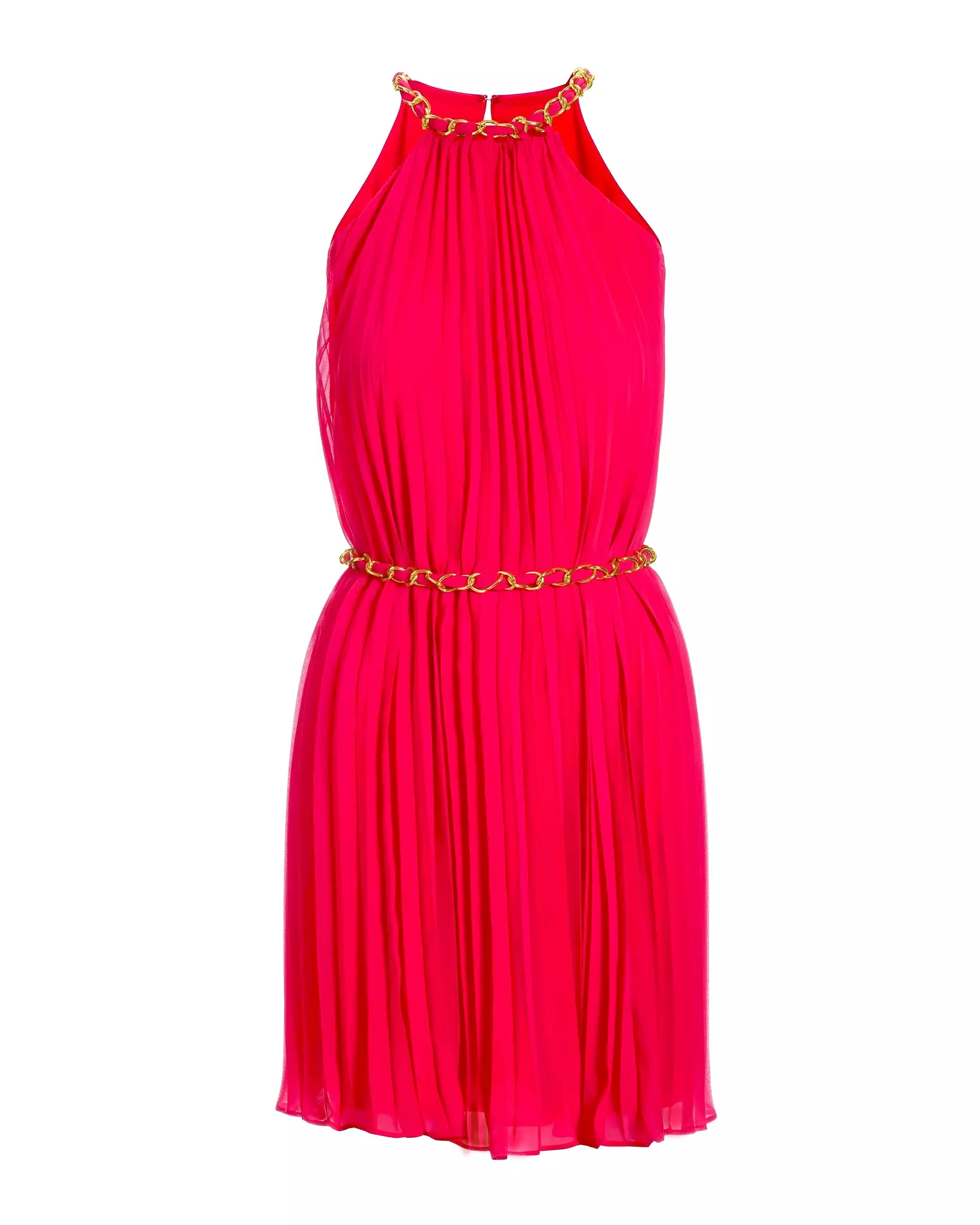 Chain Detail Pleated Fit and Flare Dress Pink