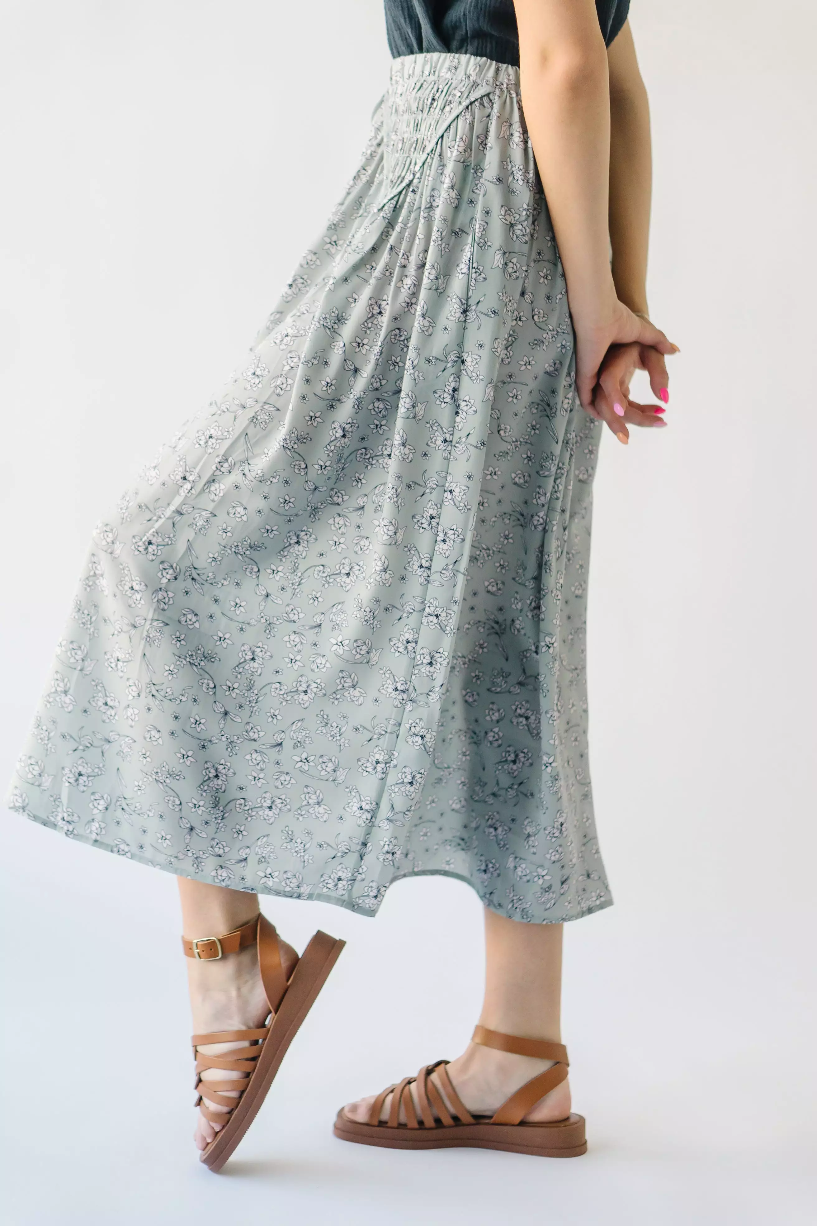 Claudette Smocked Detail Midi Skirt, Sage color