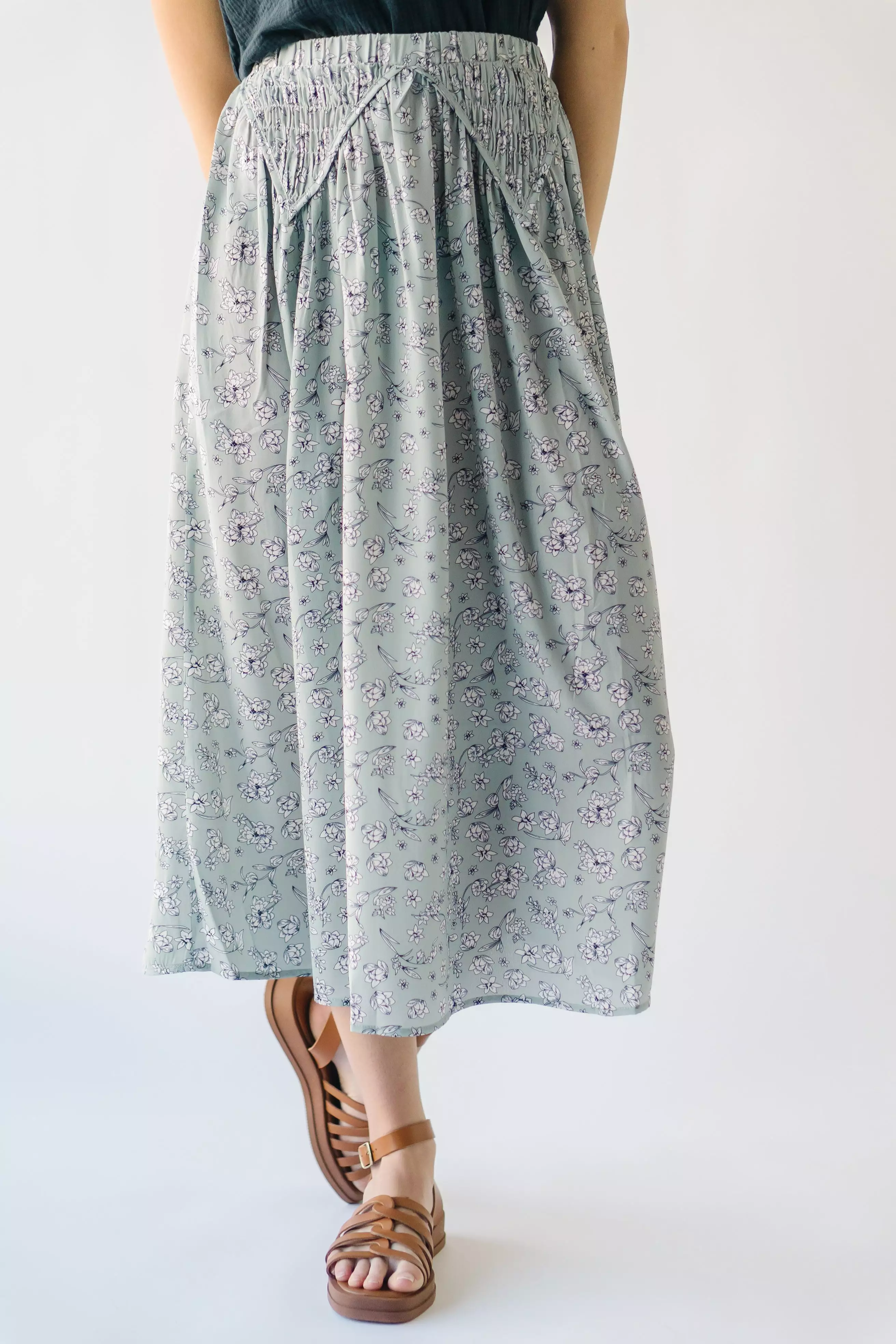 Claudette Smocked Detail Midi Skirt, Sage color