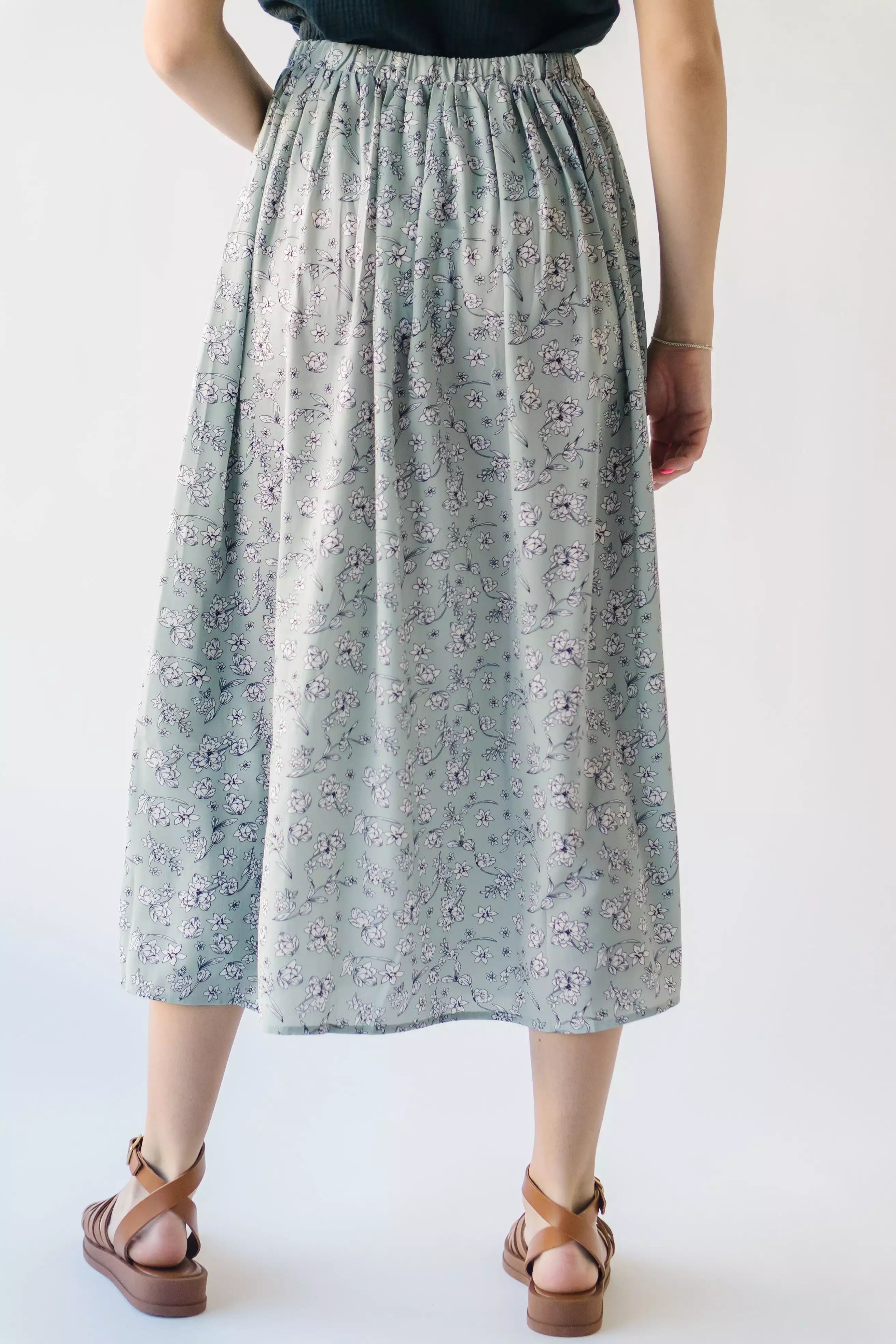 Claudette Smocked Detail Midi Skirt, Sage color