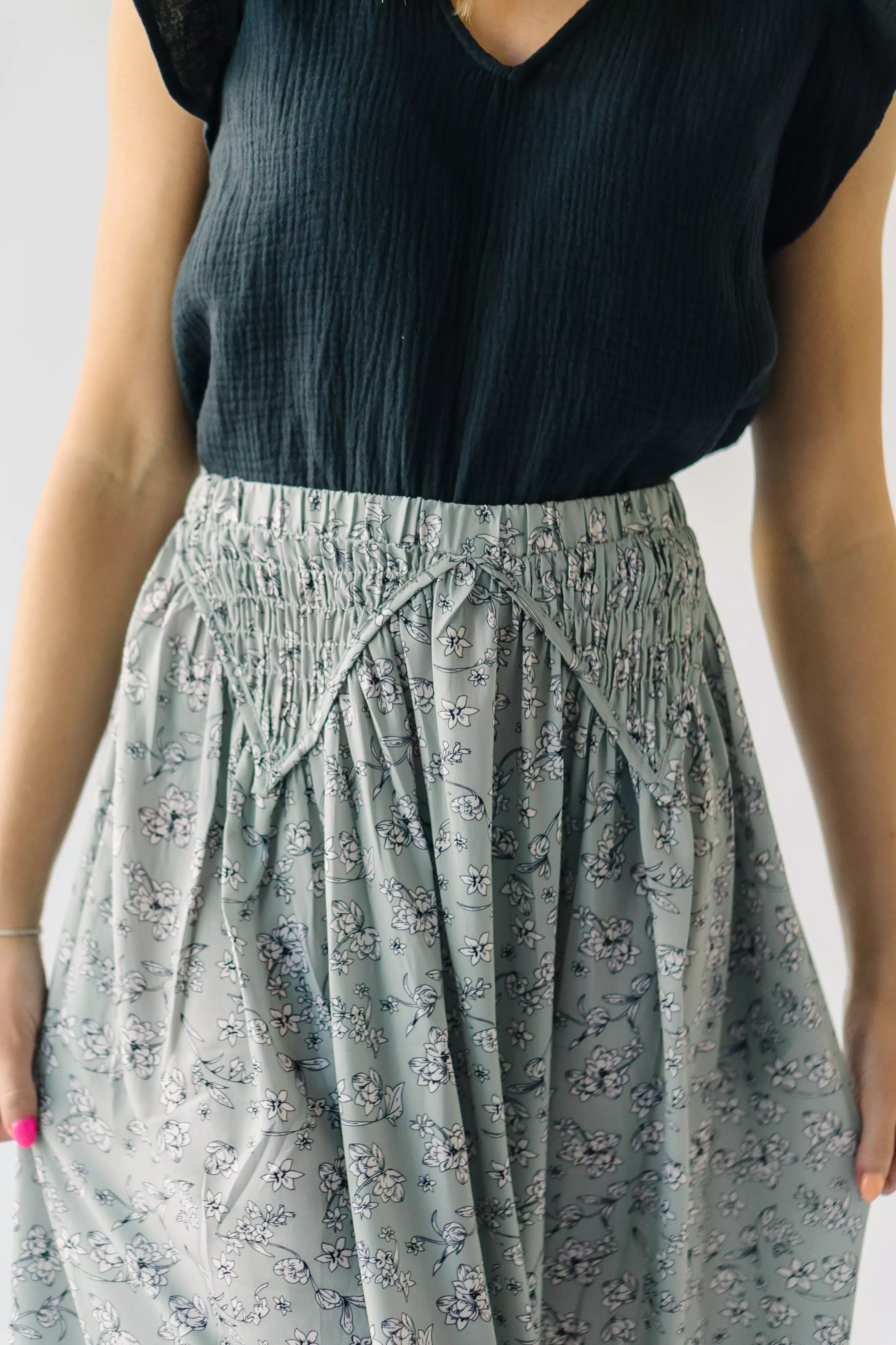 Claudette Smocked Detail Midi Skirt, Sage color