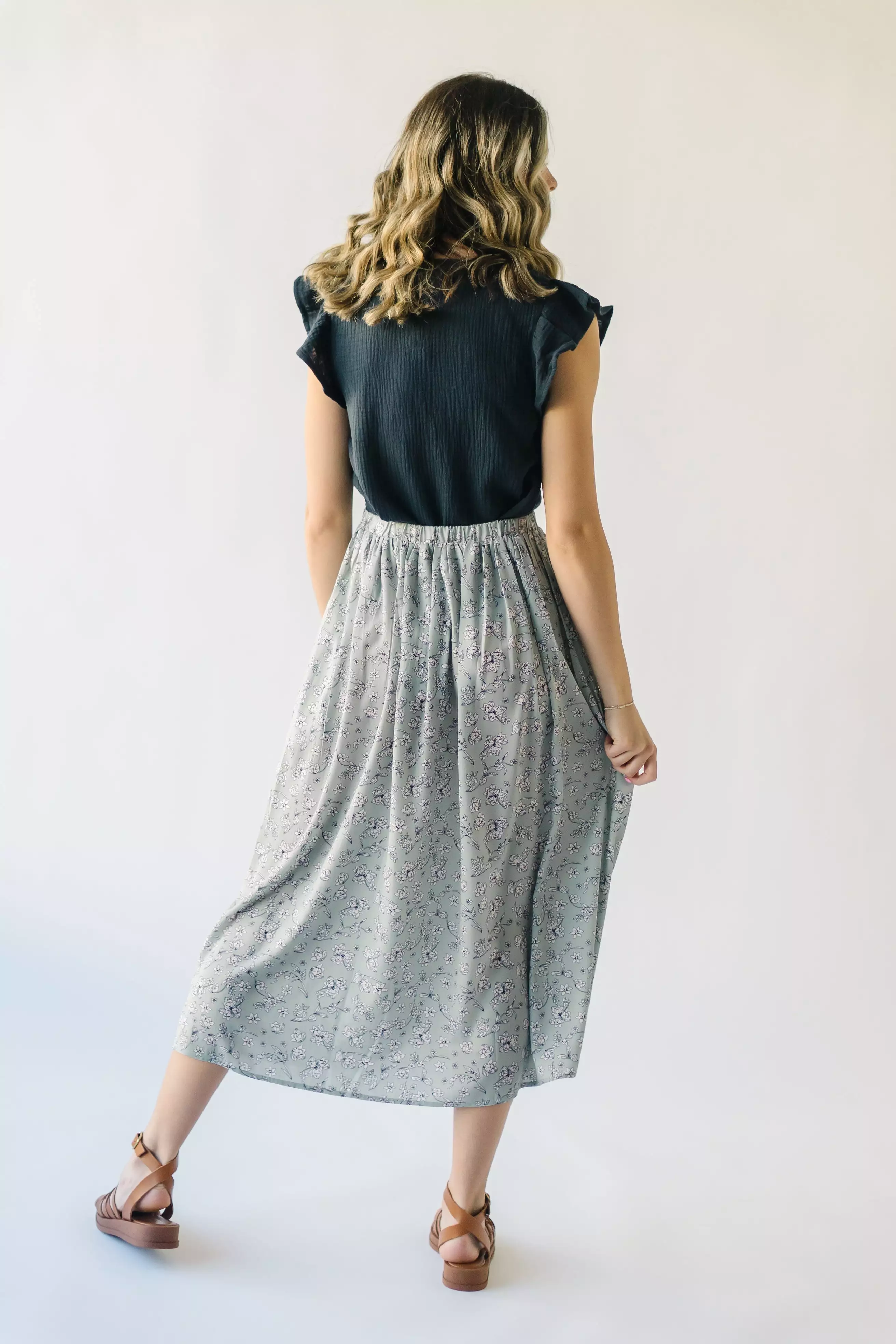 Claudette Smocked Detail Midi Skirt, Sage color