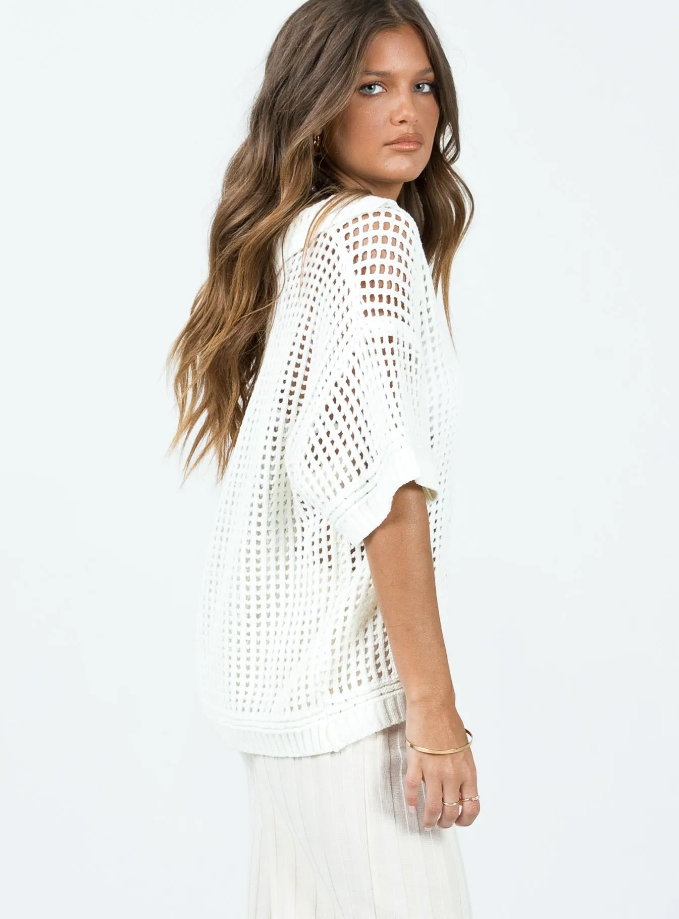 Cream Knit Polo Top