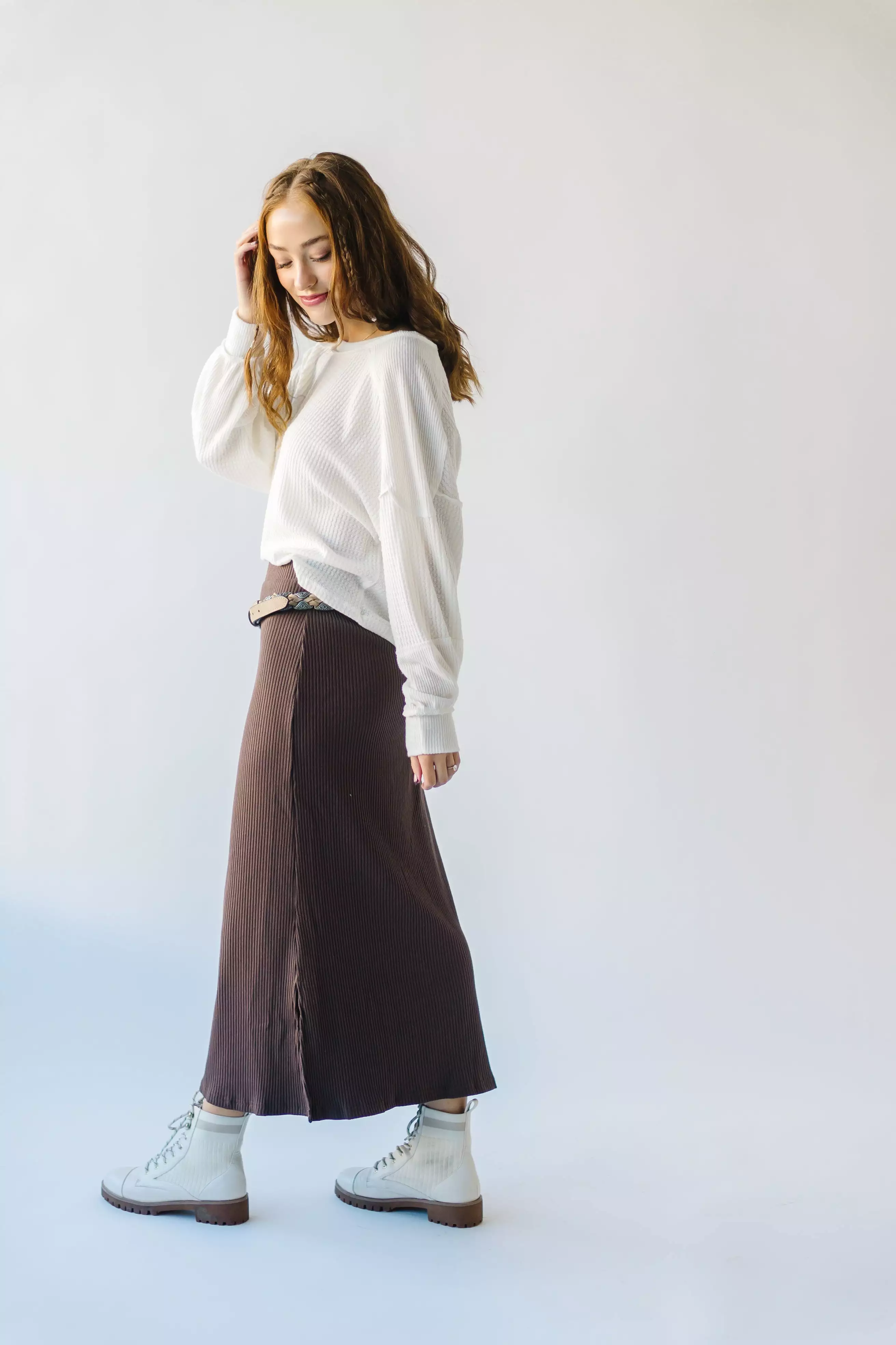 Delphi Ribbed Midi Skirt - Chocolate Brown