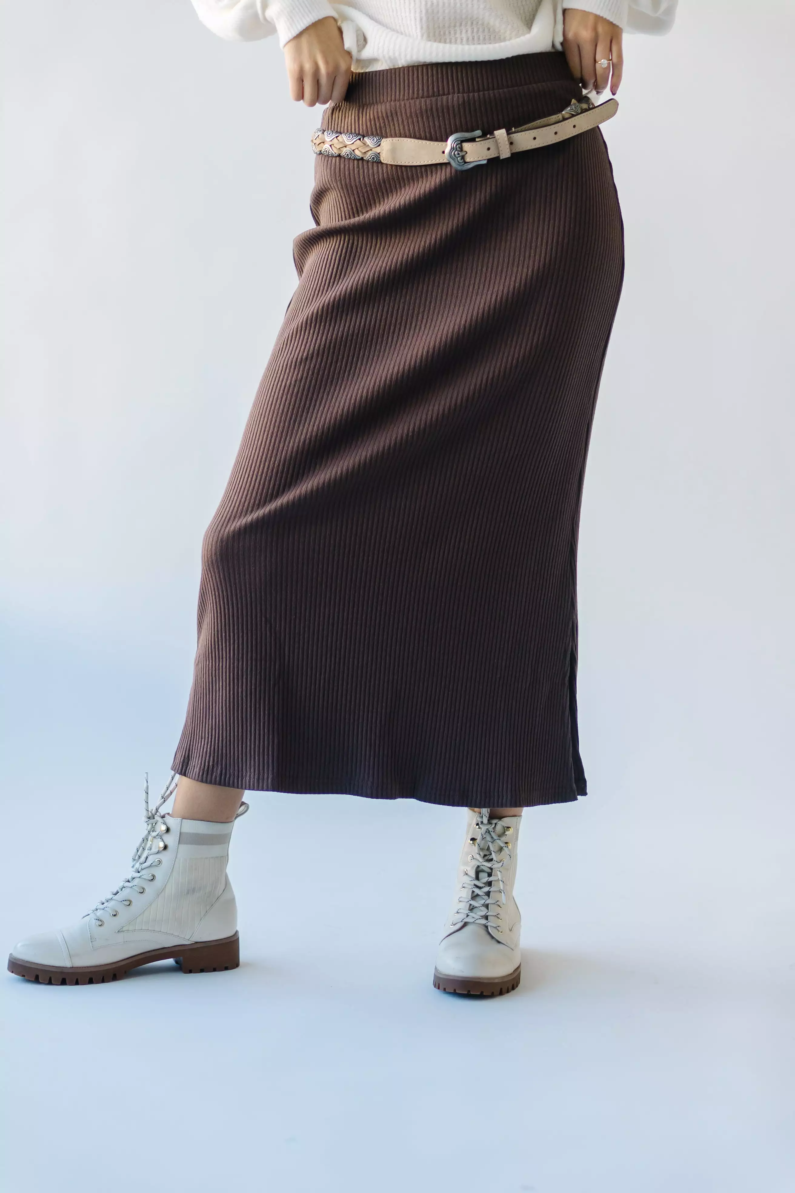 Delphi Ribbed Midi Skirt - Chocolate Brown