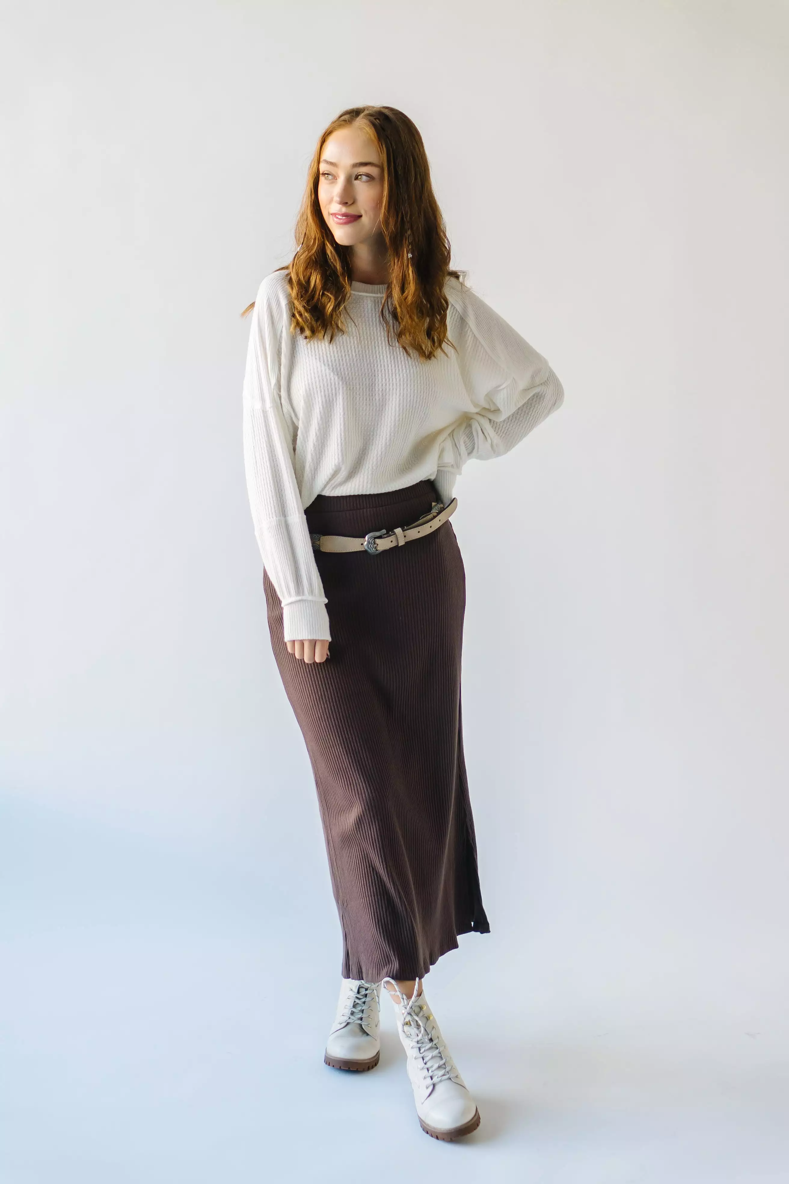 Delphi Ribbed Midi Skirt - Chocolate Brown