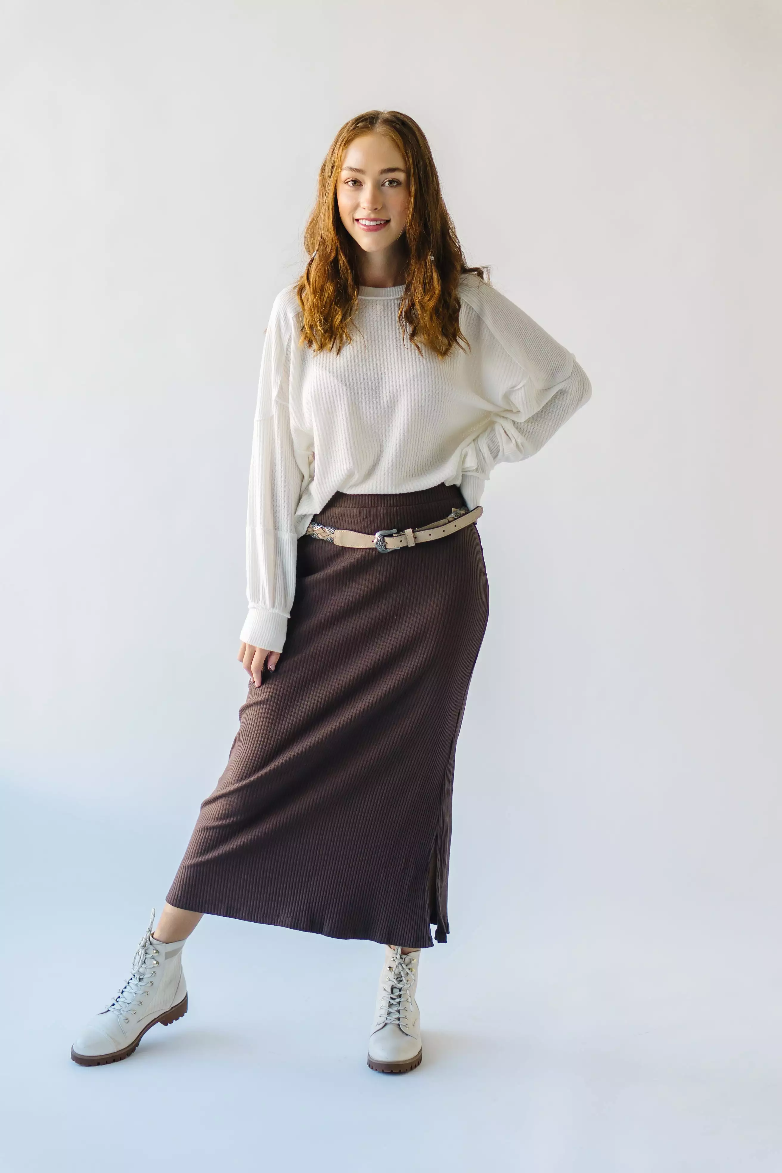 Delphi Ribbed Midi Skirt - Chocolate Brown