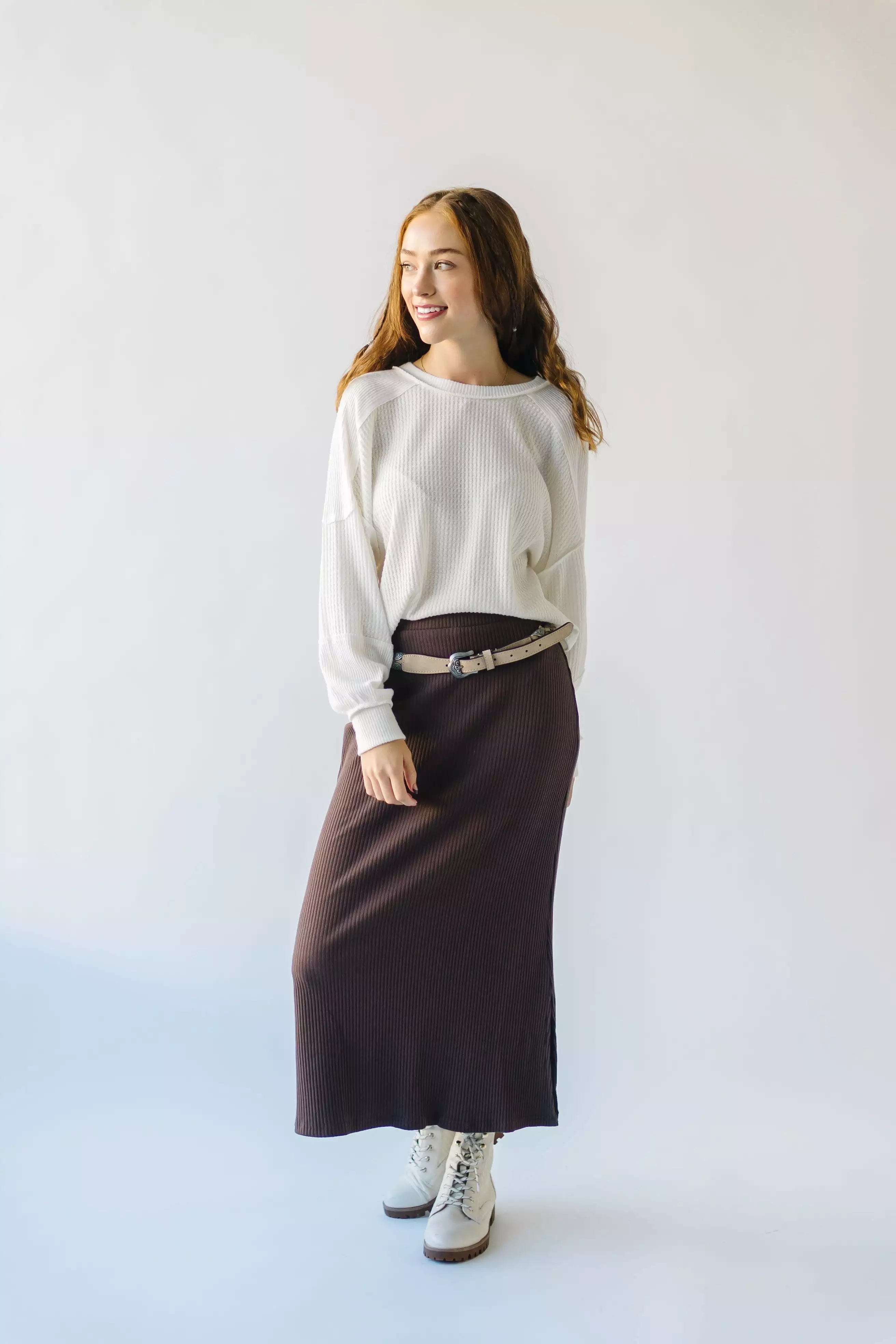 Delphi Ribbed Midi Skirt - Chocolate Brown