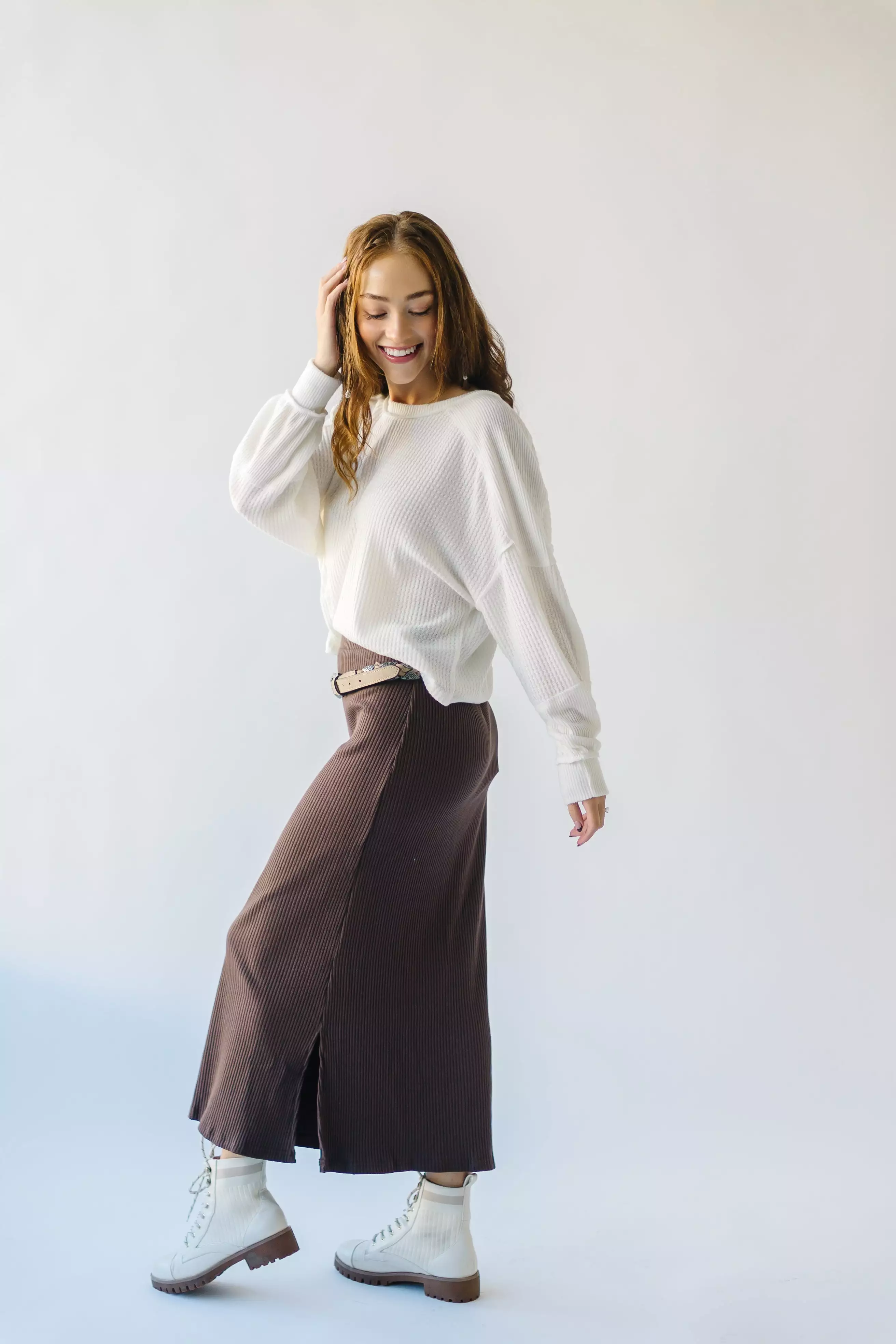 Delphi Ribbed Midi Skirt - Chocolate Brown