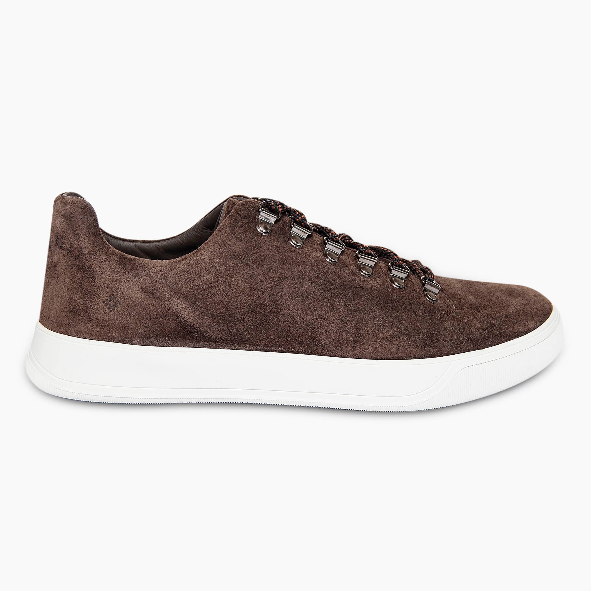 Dermot espresso suede leather sneaker with hooked eyelets.