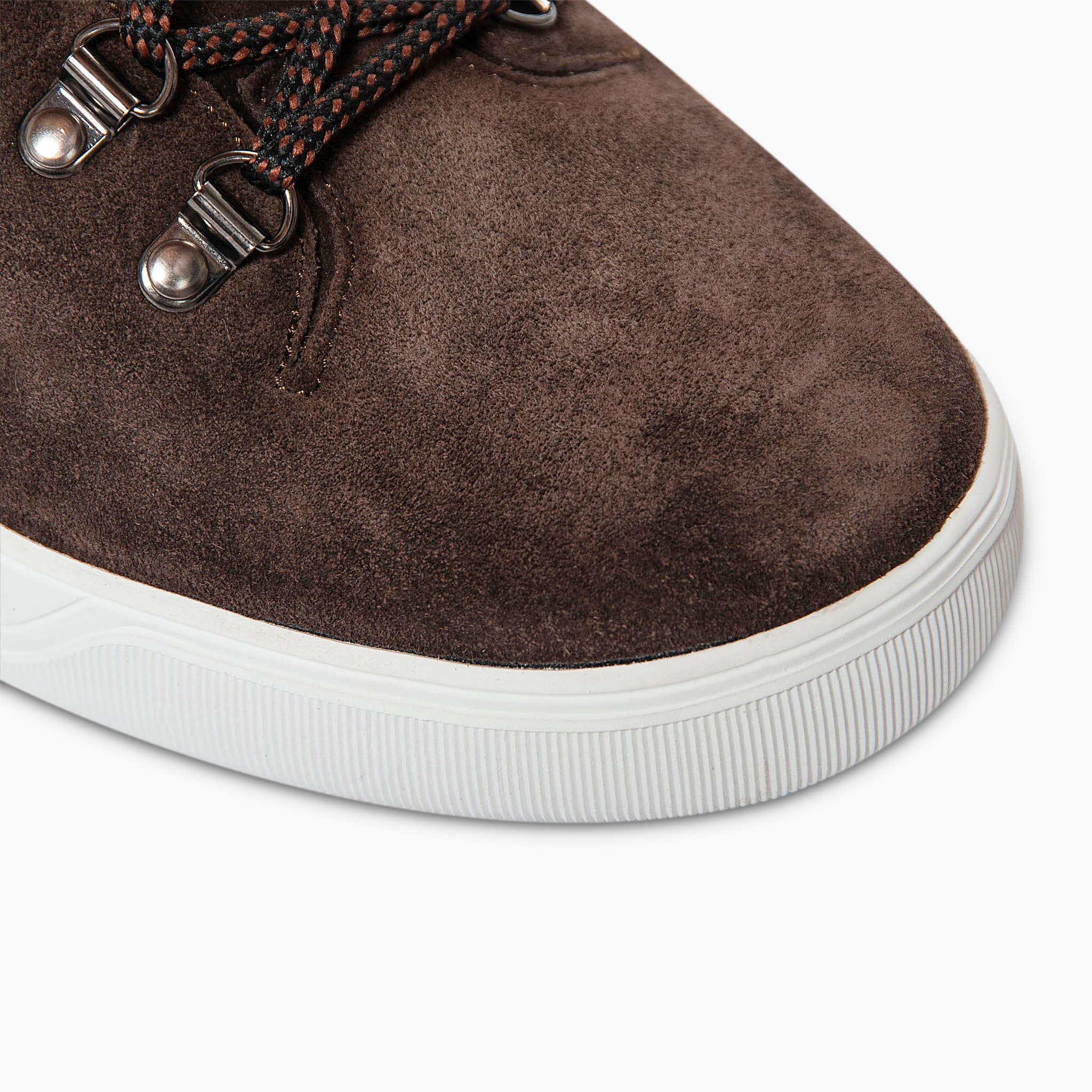 Dermot espresso suede leather sneaker with hooked eyelets.