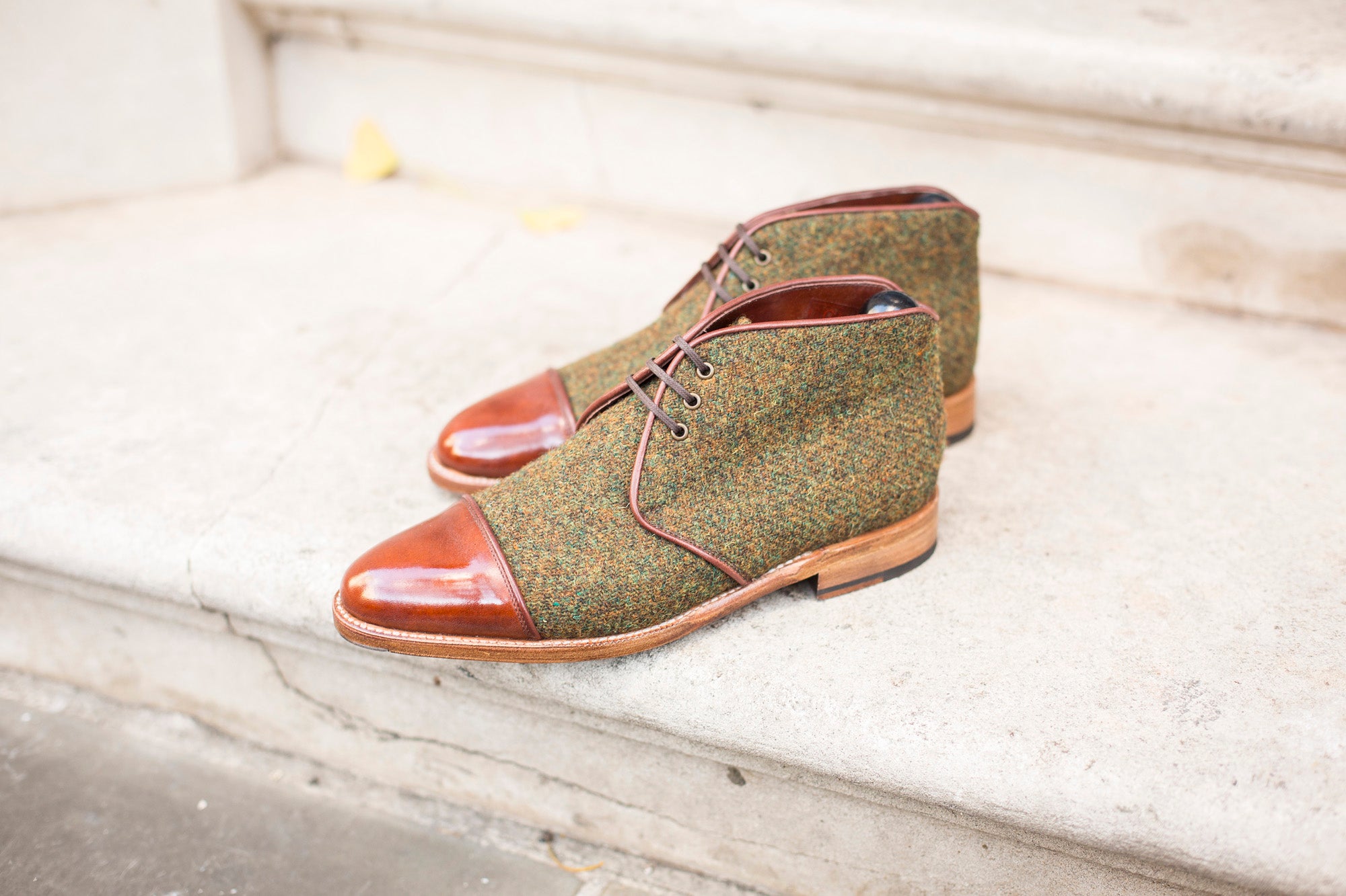 Des Moines - MTO - Mustard Tweed / Gold Museum Calf - TMG Last - Natural Single Leather Sole - Buy now.