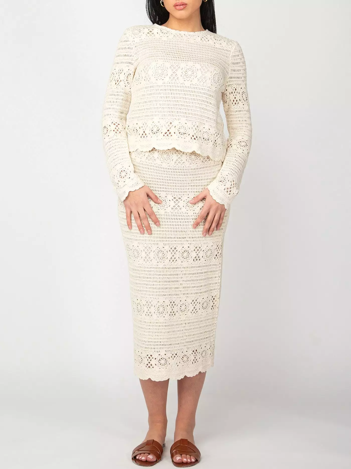 DEX Crochet Long Sleeve Top and Midi Skirt Set - Shop Now