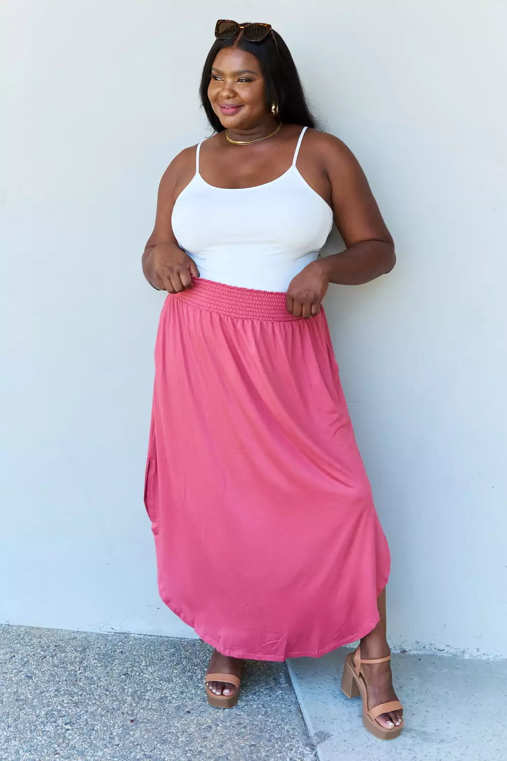 Double Comfort Princess Maxi Skirt High Waist Hot Pink Scoop Hem