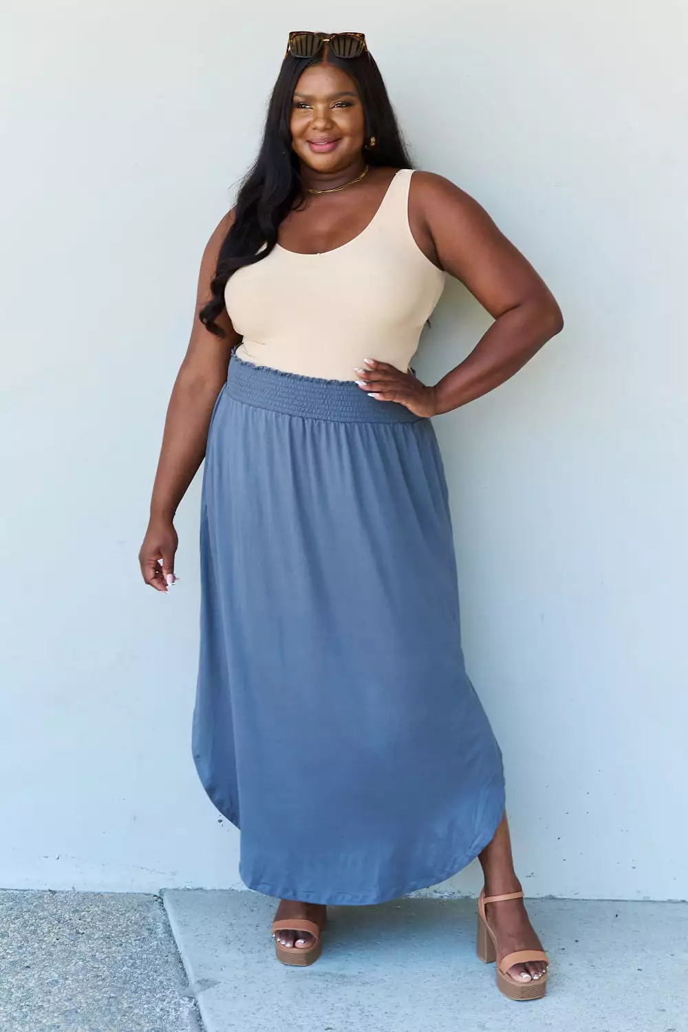 Doublju Comfort Princess Dusty Blue High Waist Maxi Skirt - Full Size. Shop Now!