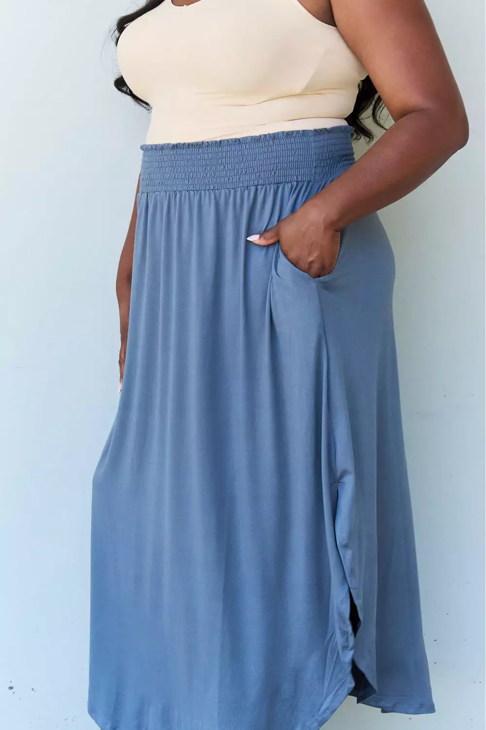 Doublju Comfort Princess Dusty Blue High Waist Maxi Skirt - Full Size. Shop Now!