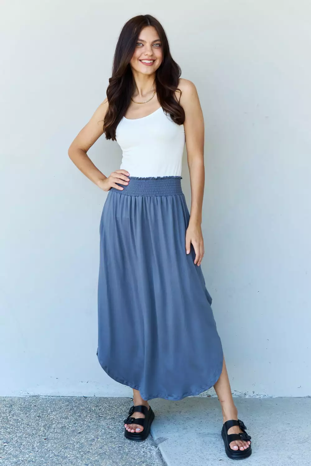 Doublju Comfort Princess Dusty Blue High Waist Maxi Skirt - Full Size. Shop Now!