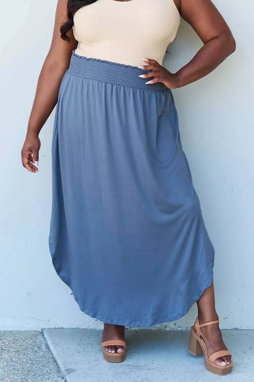 Doublju Comfort Princess Dusty Blue High Waist Maxi Skirt - Full Size. Shop Now!