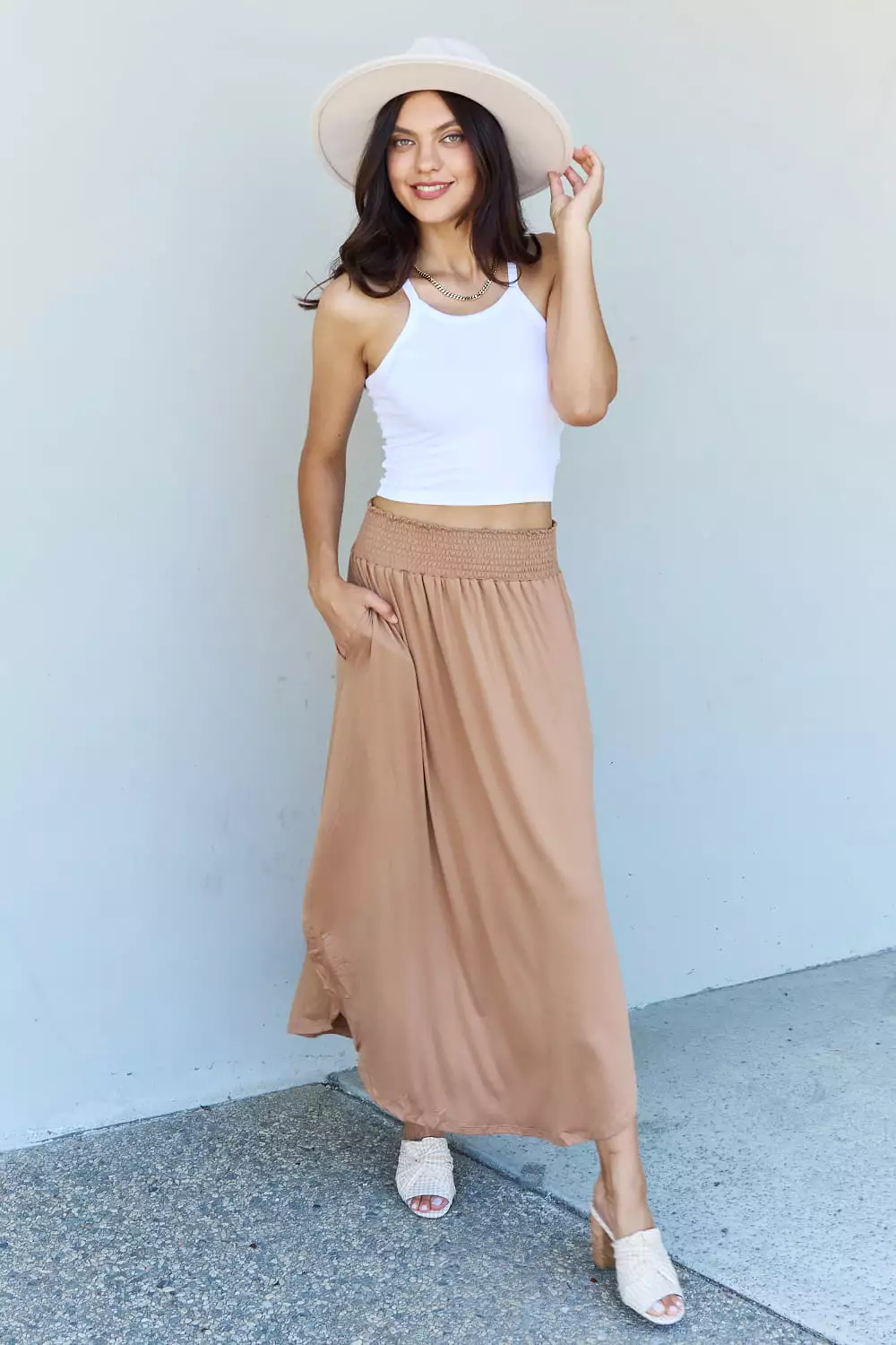 Doublju Princess High Waist Maxi Skirt in Tan