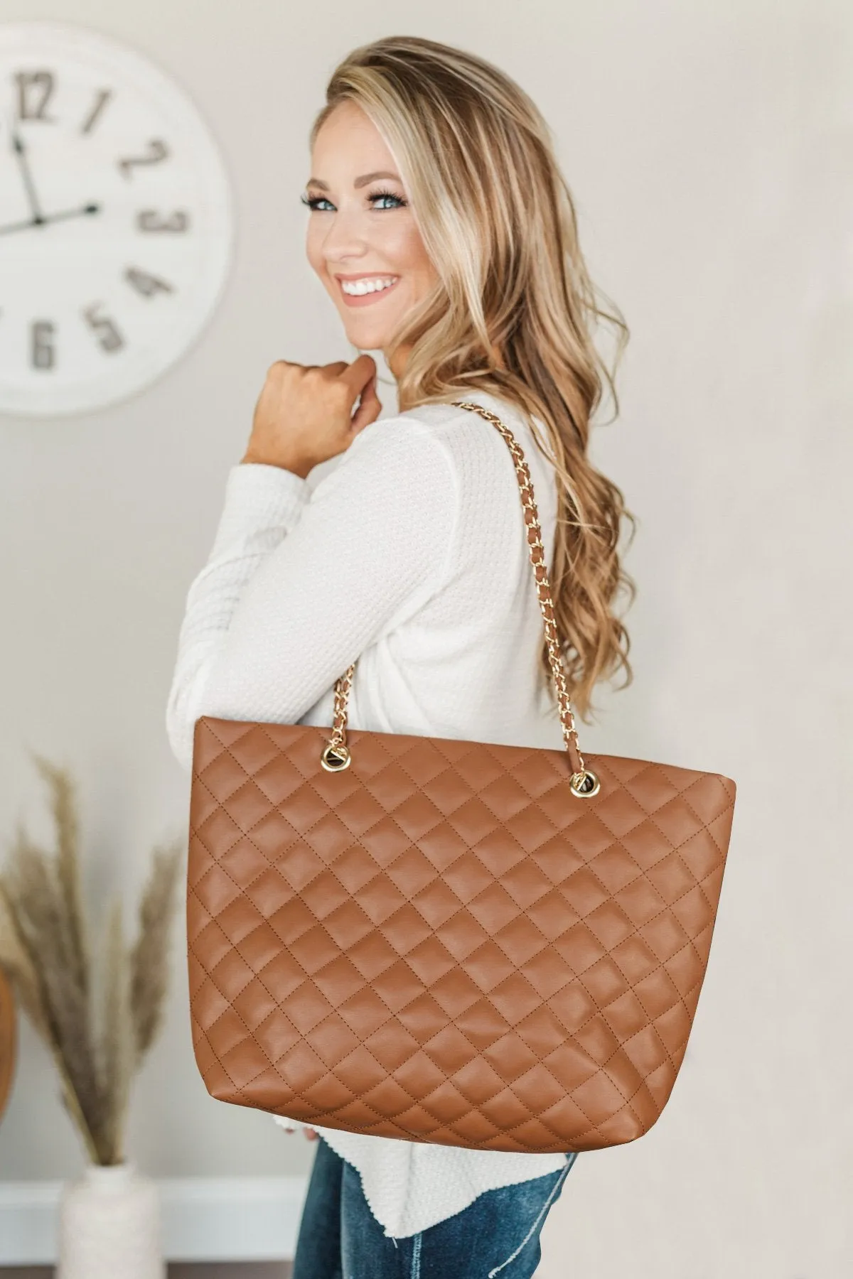 Everyday Quilted Tote Purse- Camel