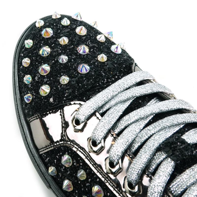 FI-2413 Encore Black Glitter Spike Low Cut Sneaker by Fiesso