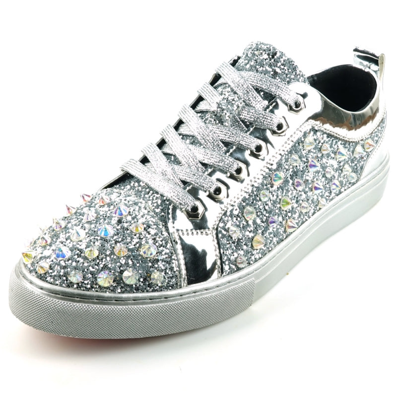 FI-2413 Silver Glitter Spike Low Cut Sneaker Encore by Fiesso: Glitter Spike Low Cut Sneaker Encore in Silver.