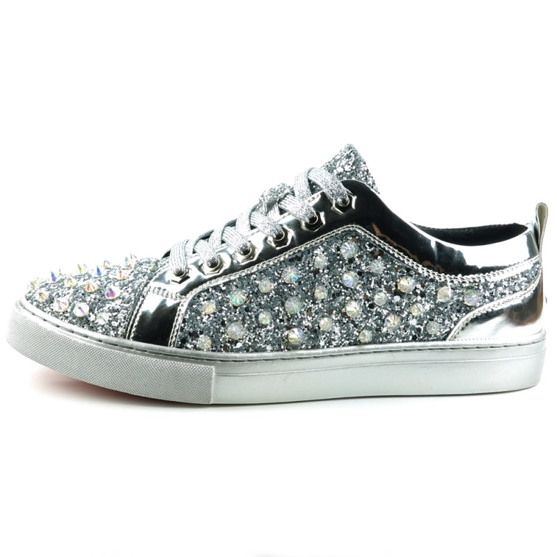 FI-2413 Silver Glitter Spike Low Cut Sneaker Encore by Fiesso: Glitter Spike Low Cut Sneaker Encore in Silver.