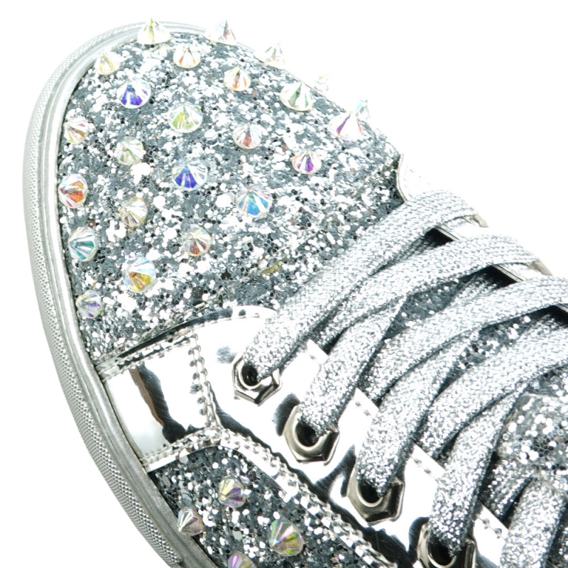 FI-2413 Silver Glitter Spike Low Cut Sneaker Encore by Fiesso: Glitter Spike Low Cut Sneaker Encore in Silver.