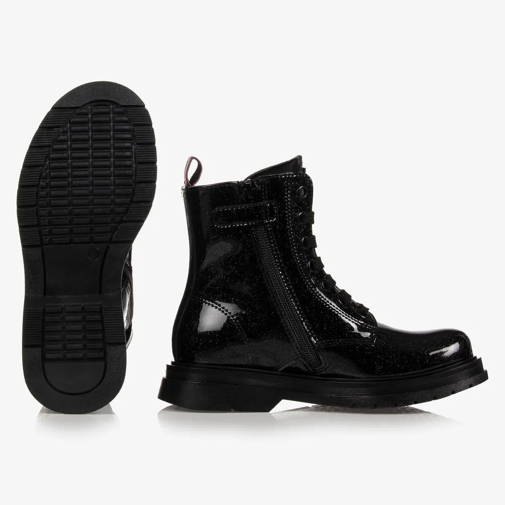 Black Patent Logo Boots for Girls